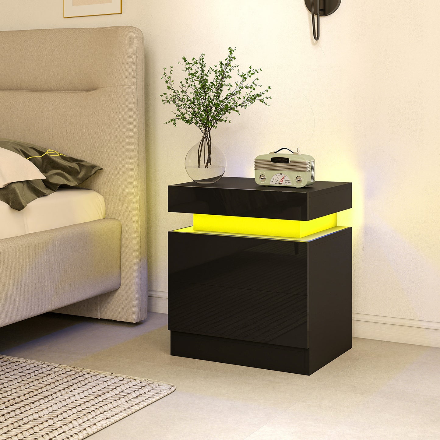 HOMCOM Black Bedside Table with LED Light, High Gloss Front Nightstand with 2 Drawers, for Living Room, Bedroom, Set of 2