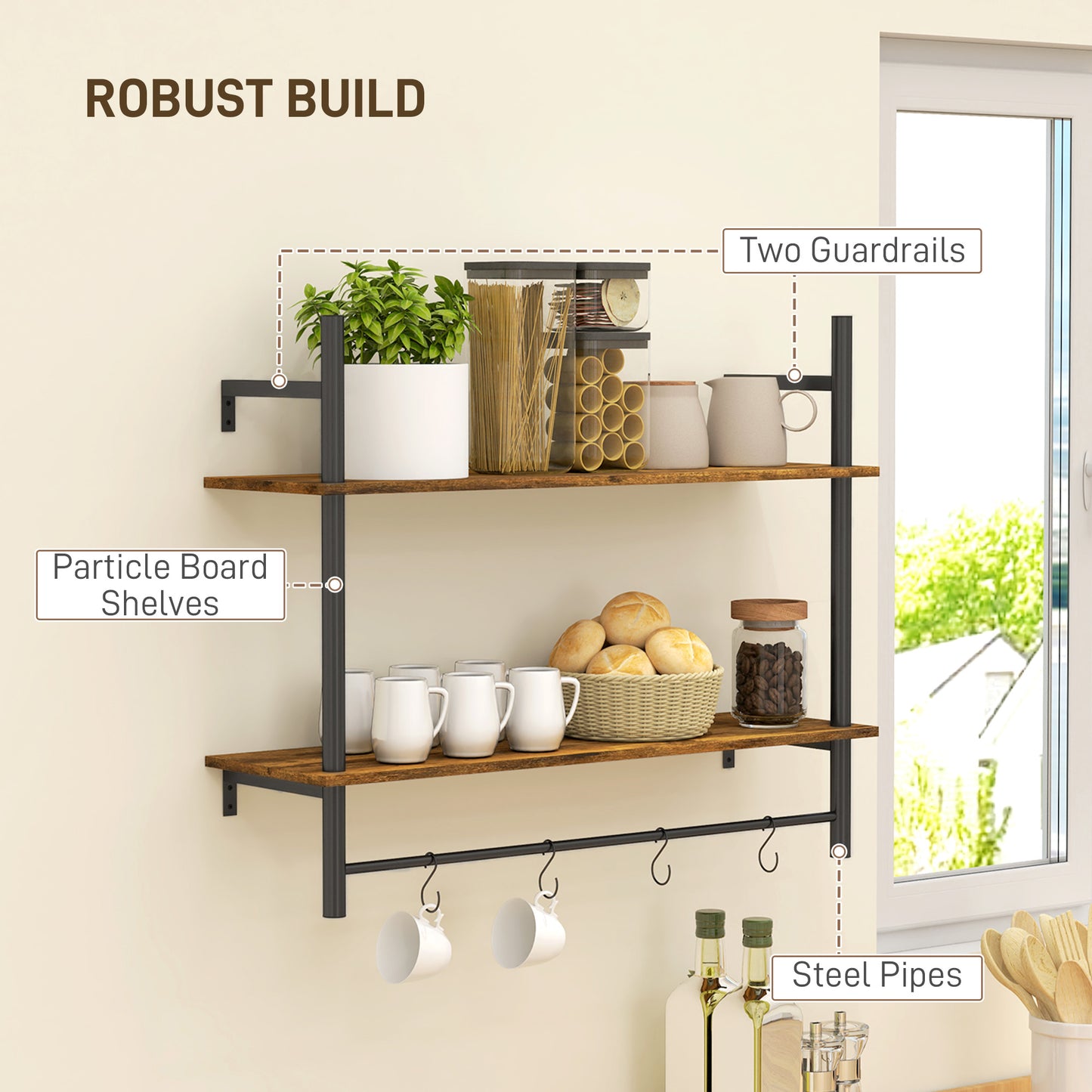HOMCOM Wall Mounted Floating Shelves with 4 Hooks, Rustic Wall Shelf Unit for Living Room, Entryway, Rustic Brown