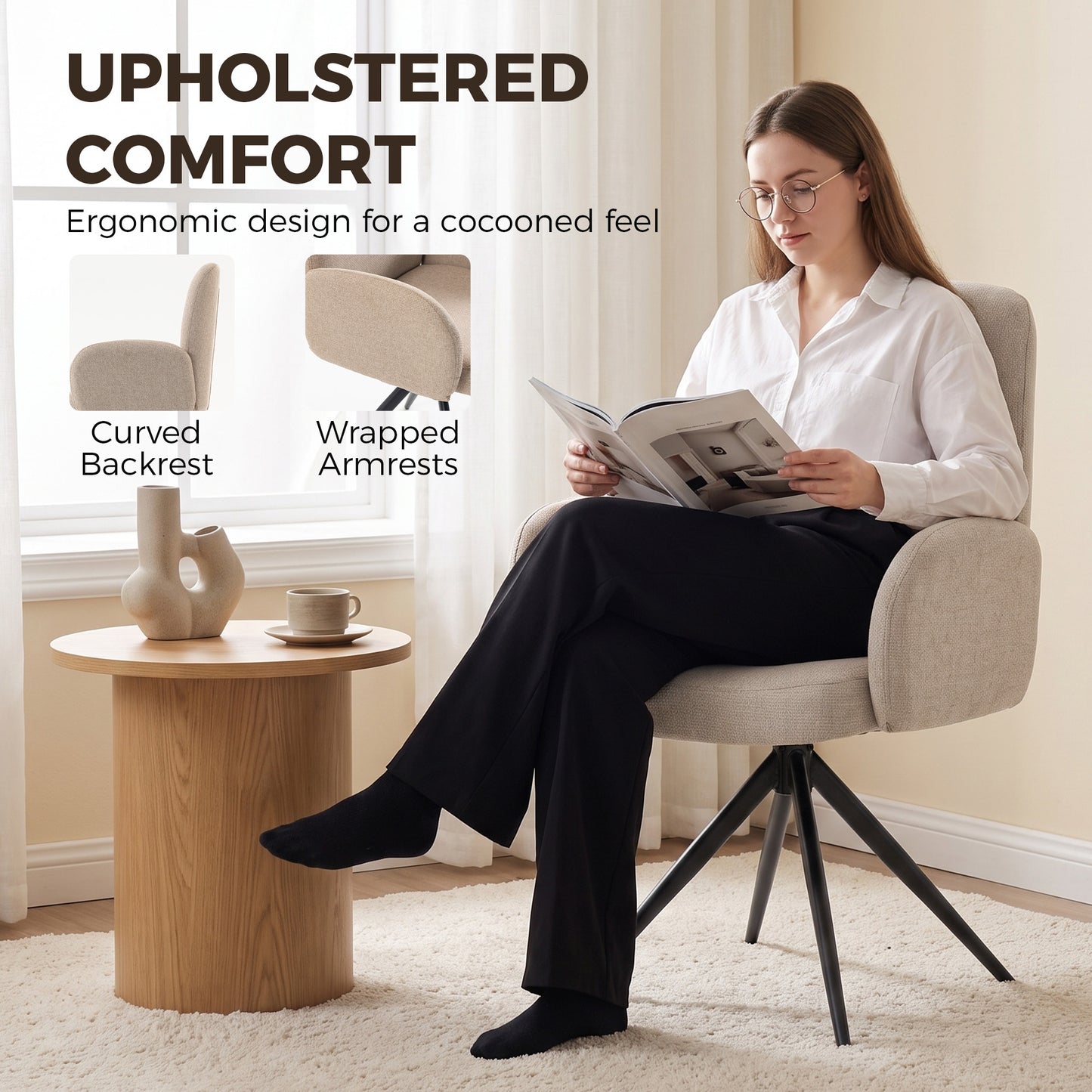 HOMCOM Swivel Accent Chair, Upholstered Linen-Look Armchair with Curved Backrest, Wrapped Armrests for Living Room, Light Brown