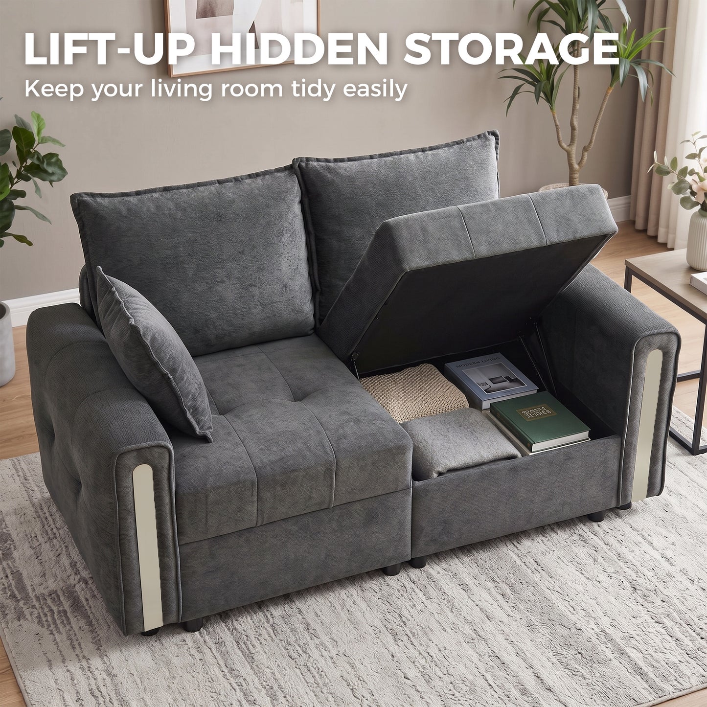 HOMCOM 2 Seater Sofa with Lift-Up Storage, 168 cm Comfy Velvet Small Couch with Wide Deep Seat Dark Grey