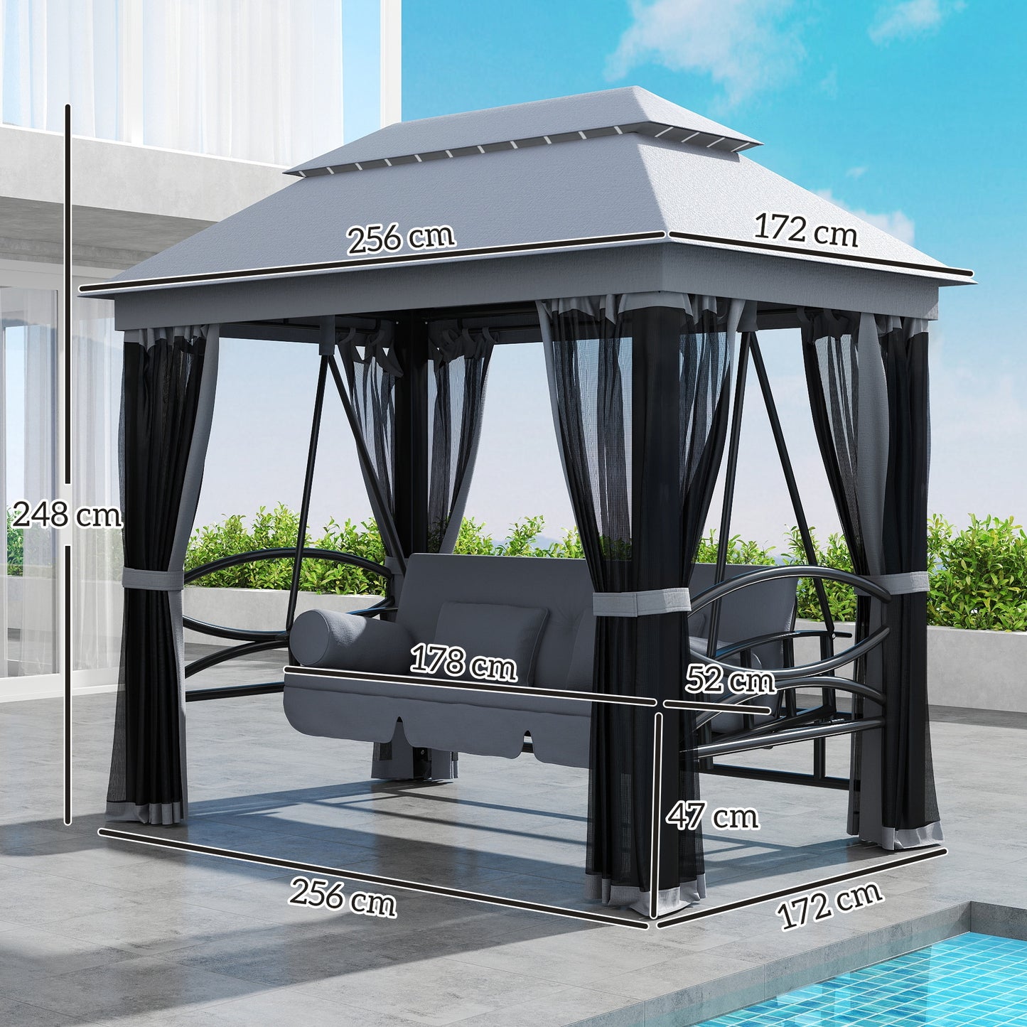 Outsunny 3 Seater Swing Chair Hammock Gazebo Lounger Cushioned Seat Waterproof Grey