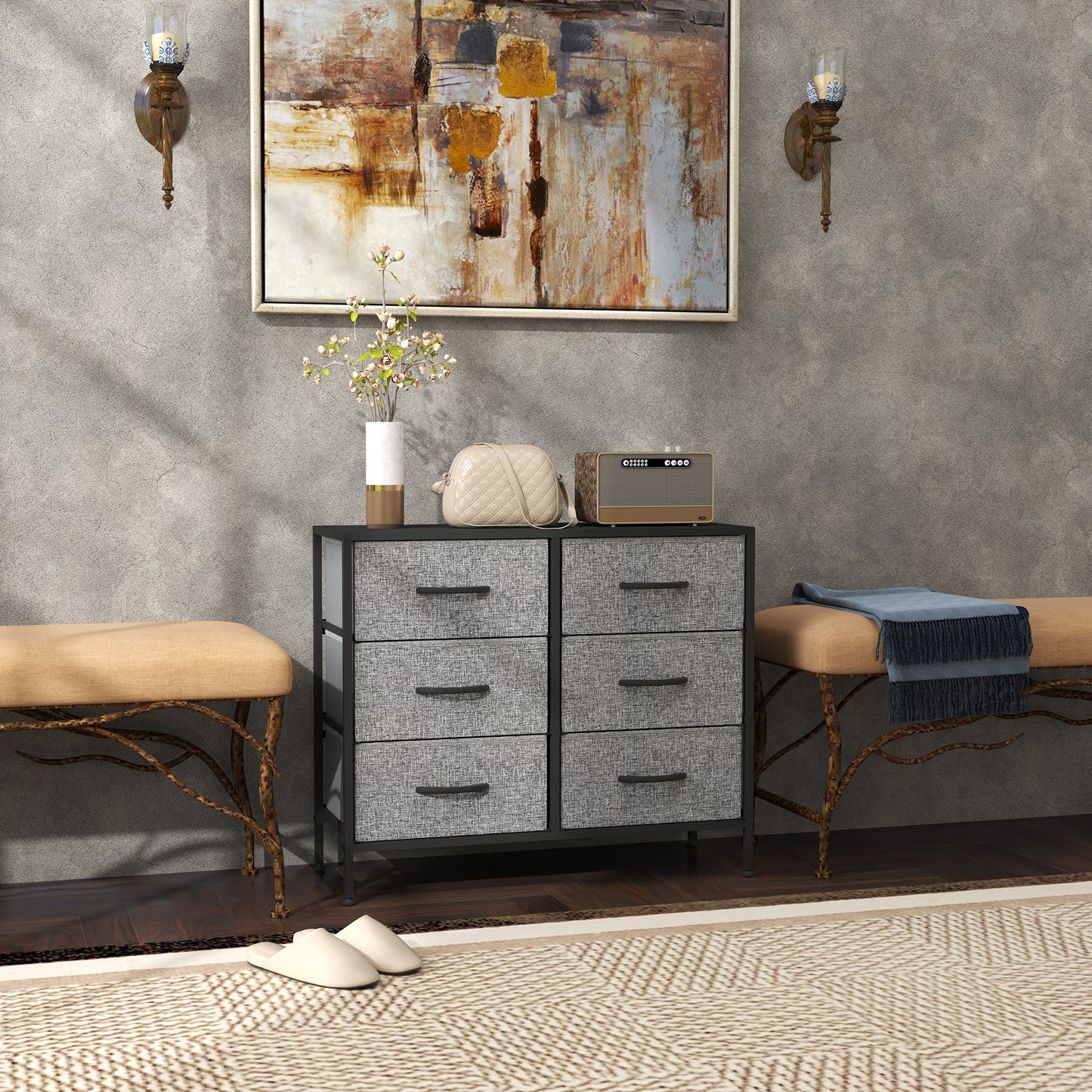 HOMCOM Industrial Dresser with 6 Fabric Drawers, Steel Frame & Wooden Top for Nursery, Living Room, Hallway, Black