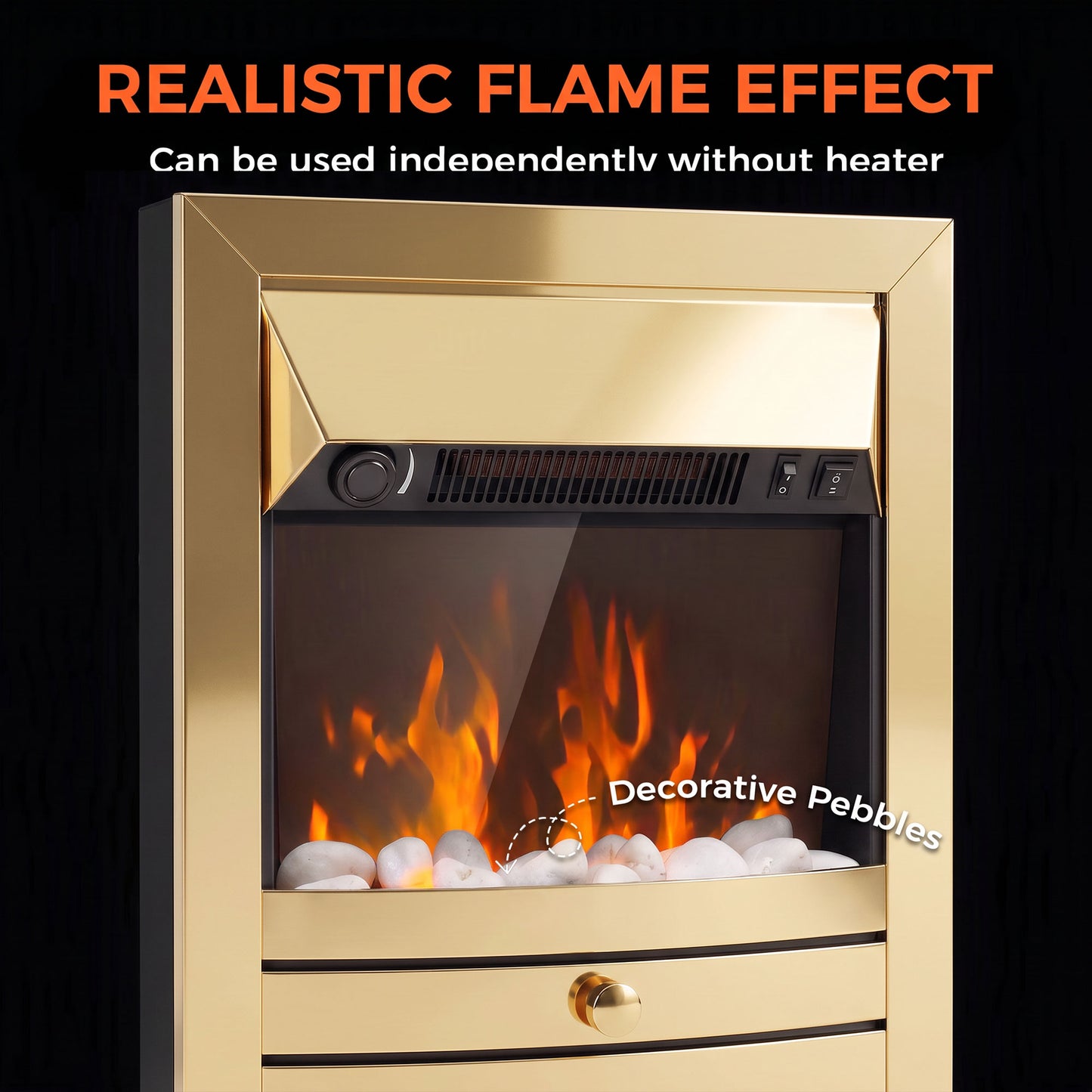 HOMCOM Electric Fireplace Stove Freestanding/Inset, 2000W, Electric Fire with LED Flame, Pebbles, Adjustable Thermostat, Gold