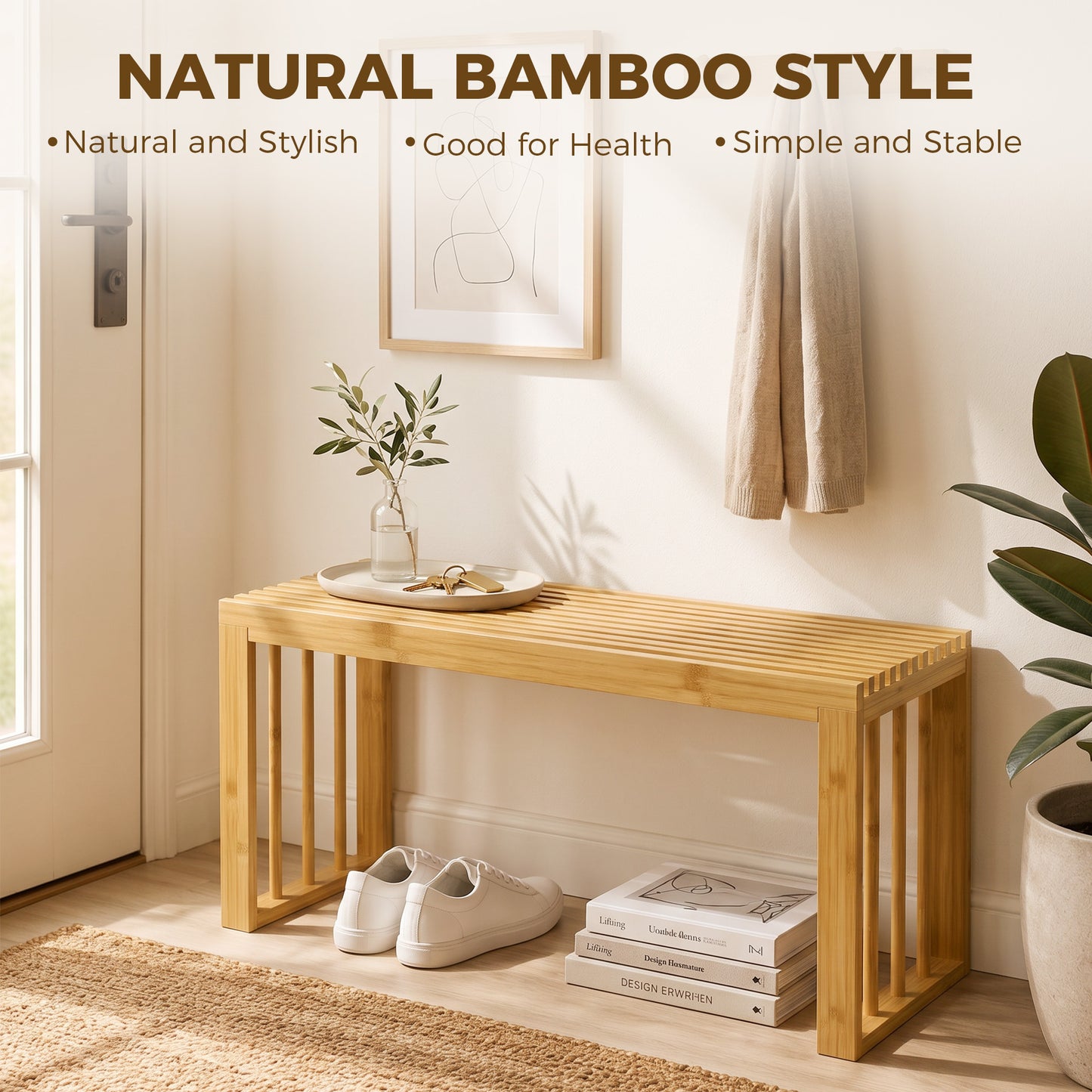 HOMCOM 90 cm Bamboo Shoe Bench Backless Hallway Bench Seat, Wood Indoor Decor for Entryway, Natural