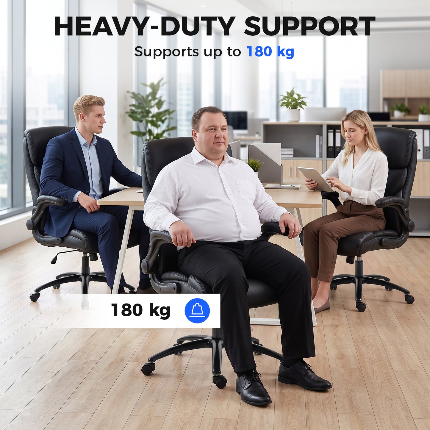 HOMCOM Office Chair, 180kg Heavy Duty PU Leather Computer Desk Chair with Flip-Up Armrests, Wide Seat, Spring Cushion, Black
