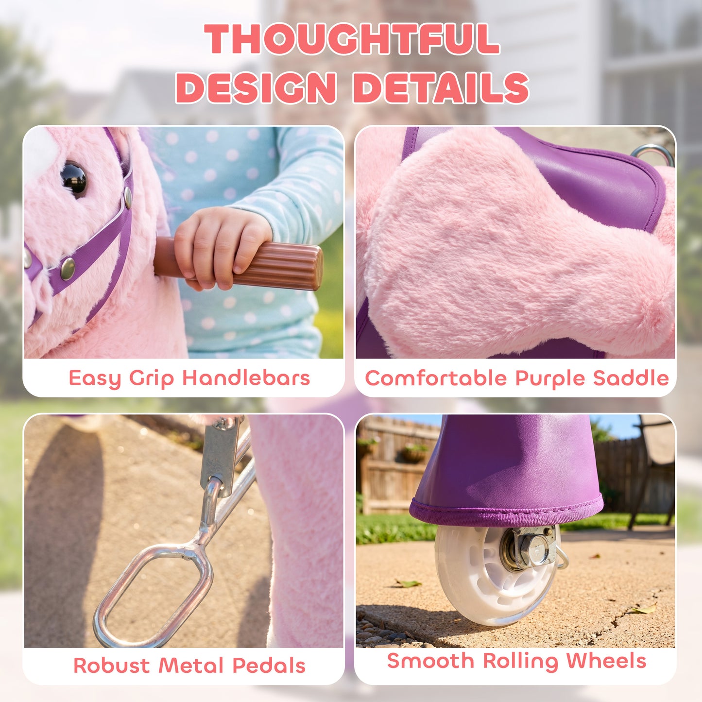 AIYAPLAY Ride on Horse Pedal Ride On Walking Horse Toy Rotatable Head Neighing Sound, Pink