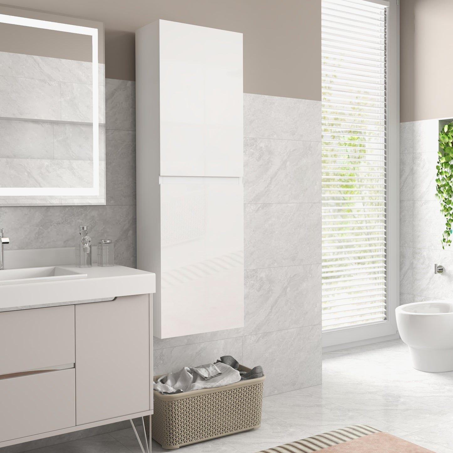 kleankin Bathroom Storage Unit, Tall Bathroom Cabinet with 2 Cupboards and Adjustable Shelves, White