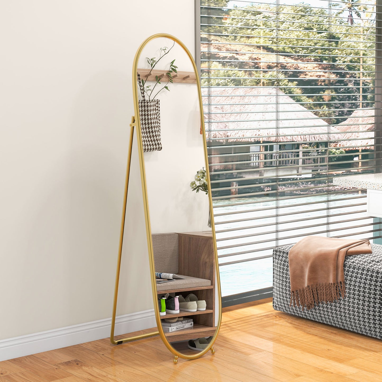 HOMCOM 40 x 160cm Full Length Mirror, Floor Standing, Wall-Mounted or Leaning Against Wall Tall Mirror with Support Frame, Oval Full Body Mirror for Bedroom, Living Room, Gold Tone
