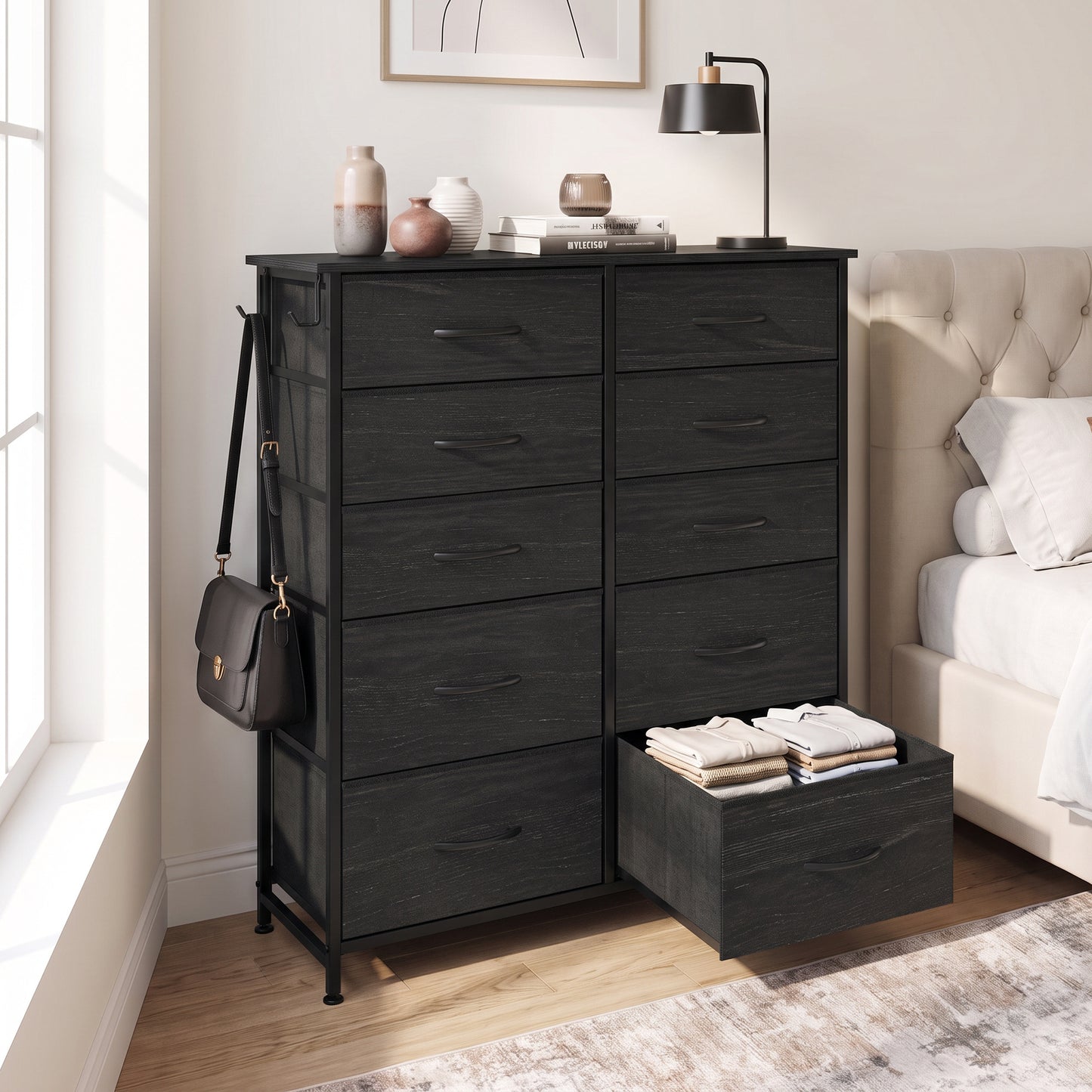 HOMCOM Chest of Drawers, Dresser with 10 Fabric Drawers, Tall Storage Unit with 4 Pockets and 2 Hooks Steel Frame, Black