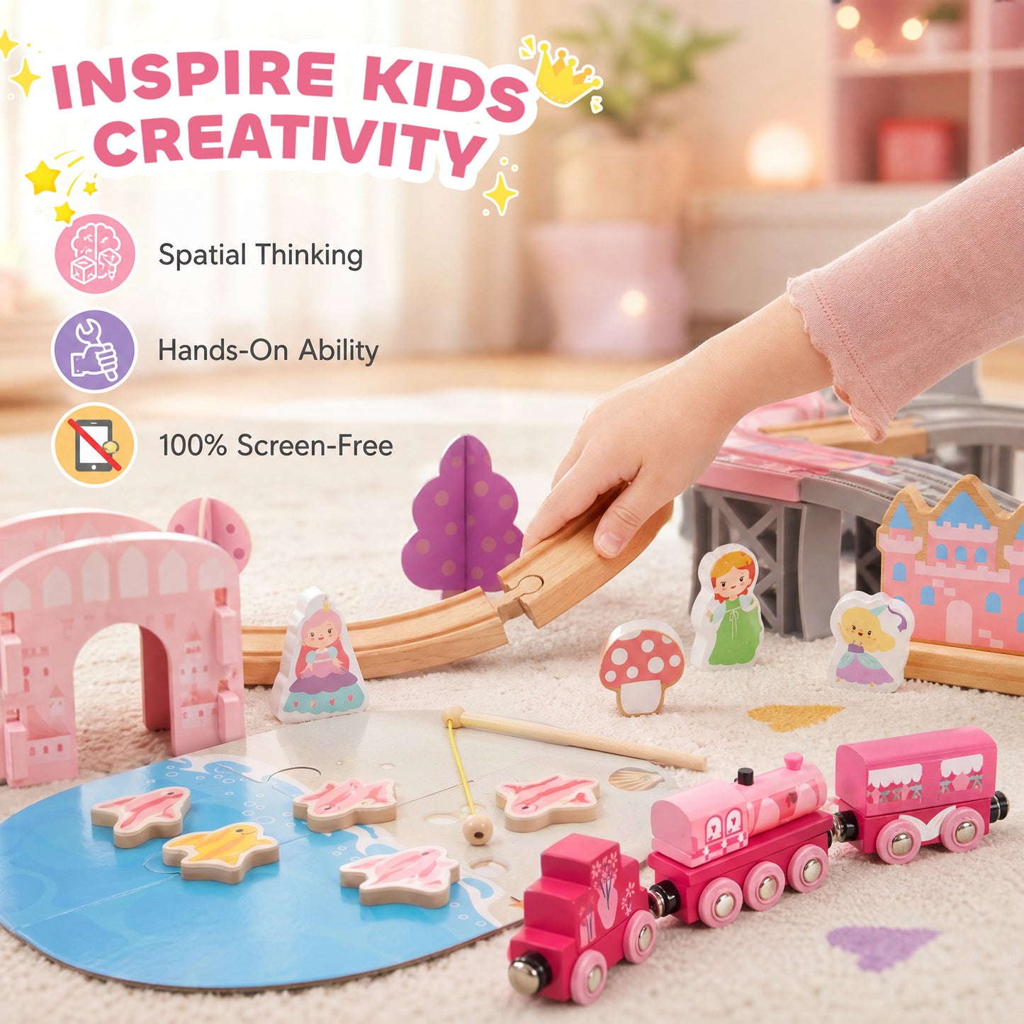 AIYAPLAY Wooden Train Set, 58PCS Train Track Set with 17 Track Pieces, 5 Princess Figures and Accessories