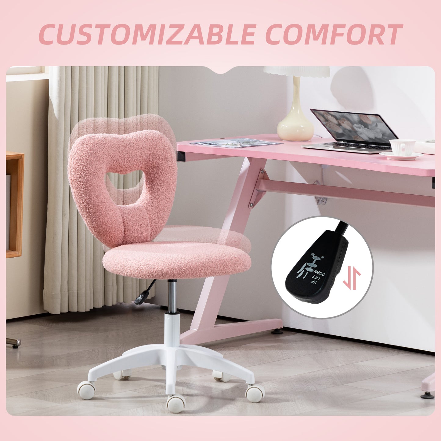 HOMCOM Armless Heart Computer Desk Chair, Teddy Fleece Swivel Office Chair with Height Adjustable, Wheels, for Home Study, Pink