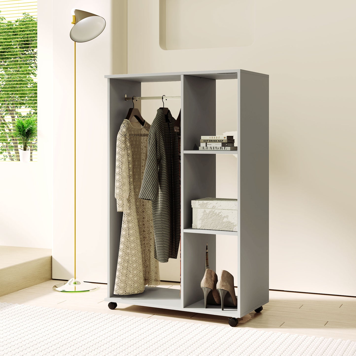 HOMCOM Open Wardrobe on Wheels with Clothes Rail, Bedroom Clothes Storage with Hanging Rod