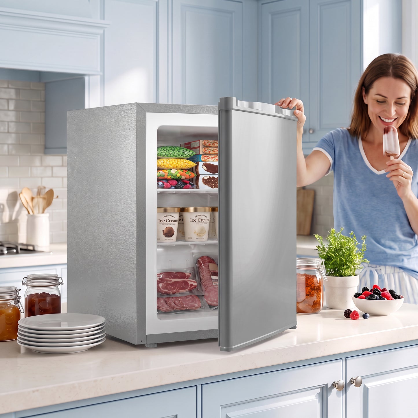 HOMCOM 60L Tabletop Mini Freezer, Countertop Small Freezer with Reversible Door, Removable Wire Shelves, Grey