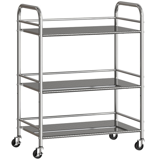 HOMCOM 3 Tier Stainless Steel Kitchen Storage Trolley with Adjustable Shelf - Silver
