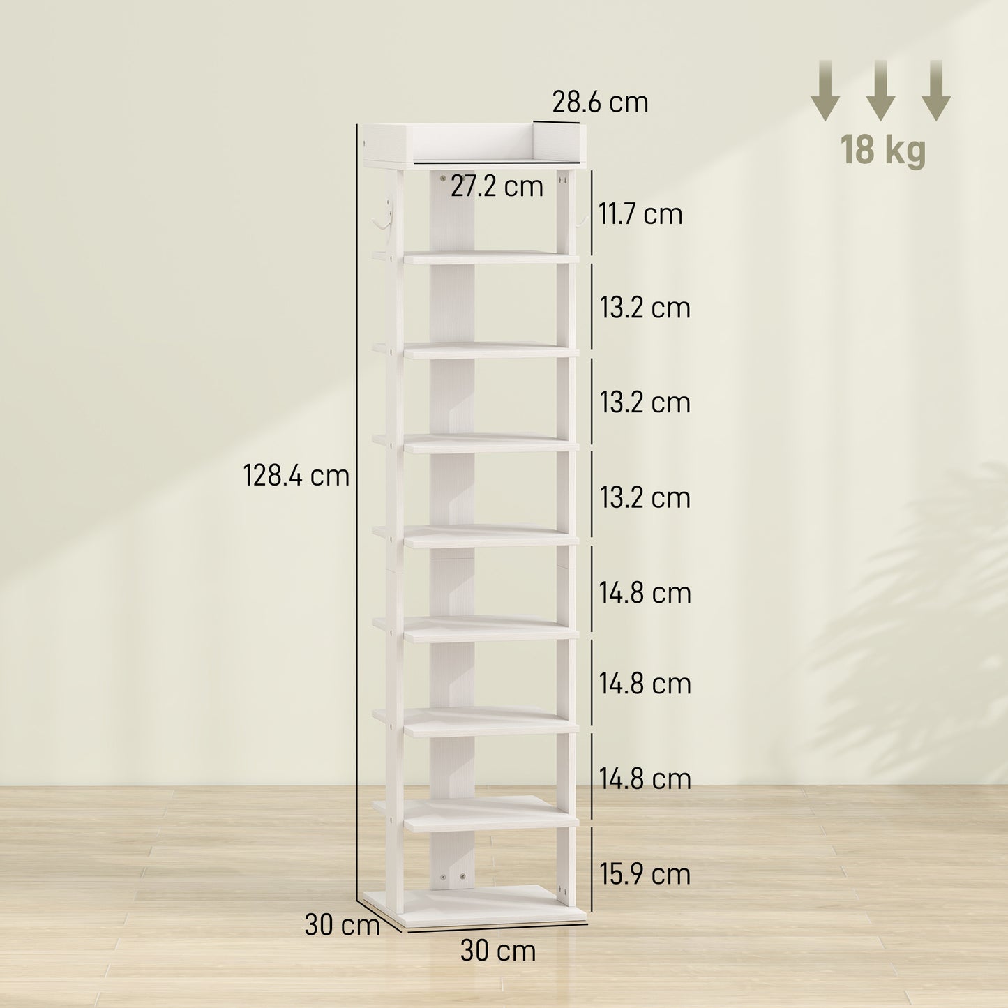 HOMCOM Shoe Rack 9-Tier Shoe Storage Organiser Top Tray Guardrail 2 Hooks 30 x 30 x 128.4 cm White