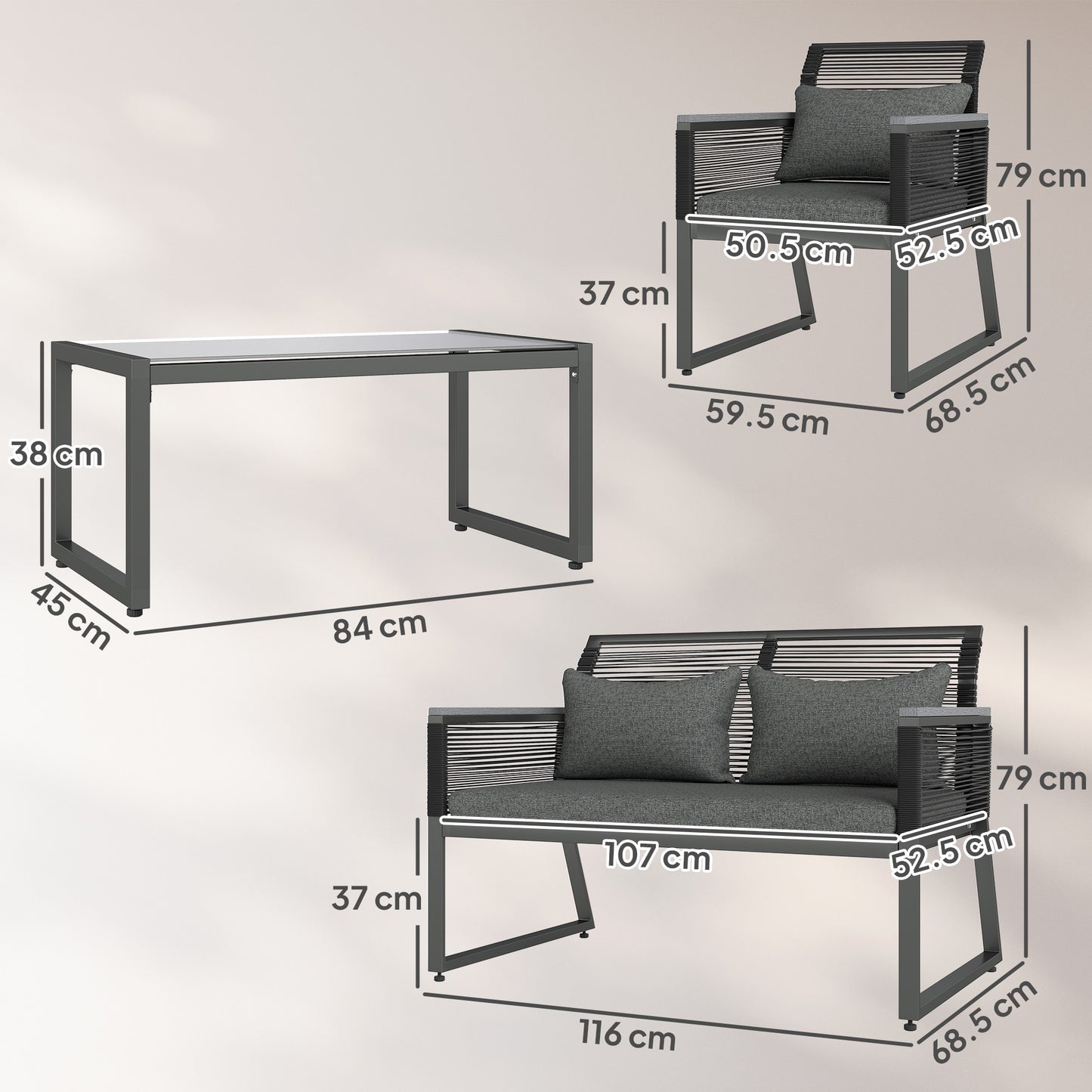 Outsunny 4 Pieces Rattan Garden Furniture Set - Charcoal Grey