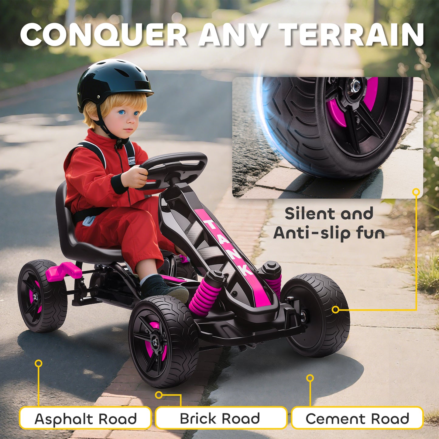 AIYAPLAY Pedal Go kart for Kids Ages 3-6 Years, with Automatic Clutch, Brake, EVA Anti-Slip Wheels, Pink