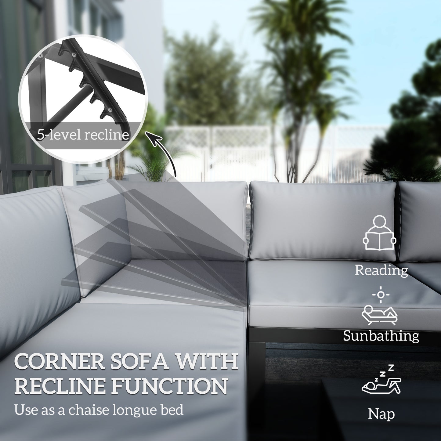 Outsunny 4-Piece Patio Set: 5-Level Recline Corner Sofa, Cushions, Wood Grain Table, Black Frame, Light Grey