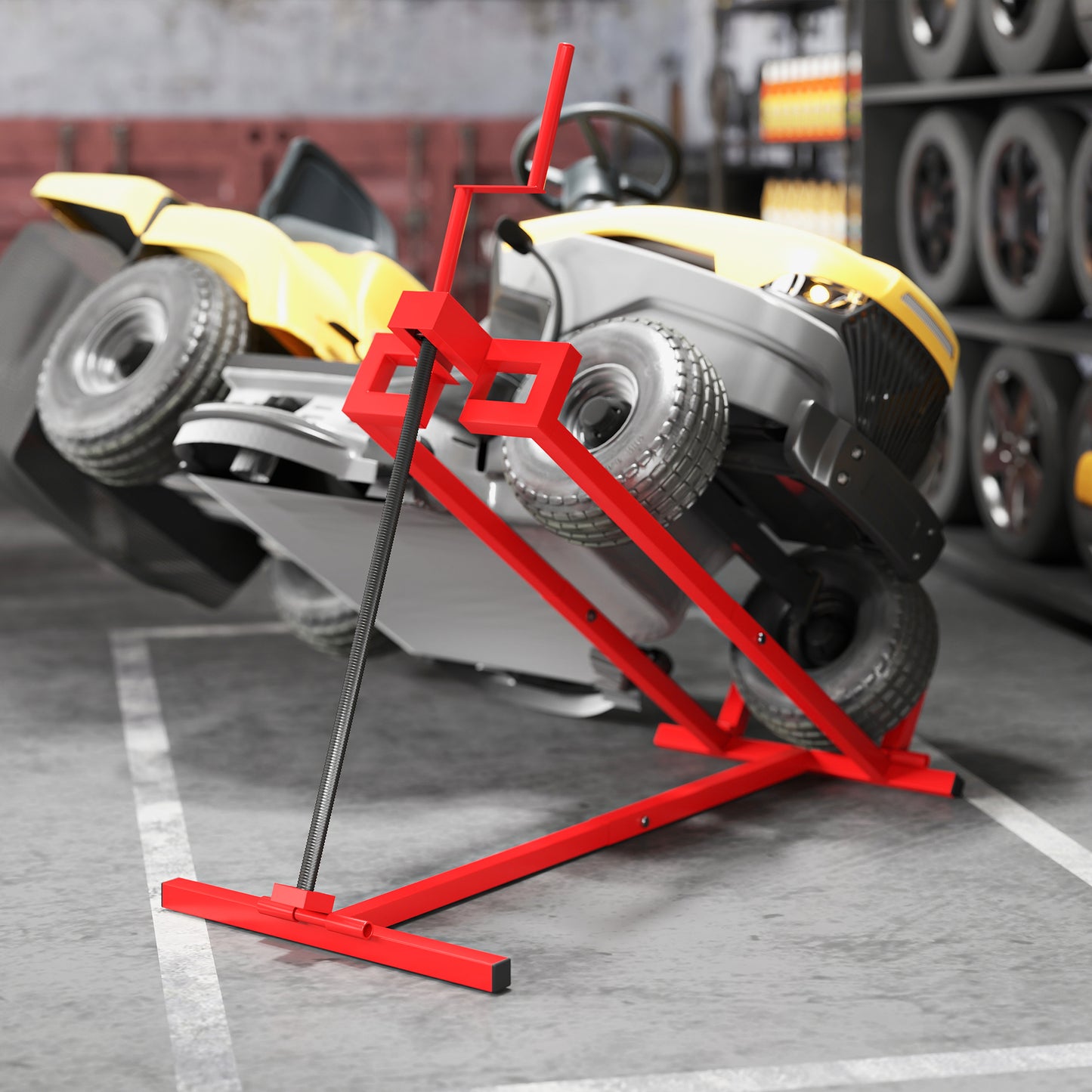 HOMCOM 400 kg Foldable Ride-On Mower Jack Lift, Adjustable Steel Lifting Device, for Lawn Mower, ATV, Red