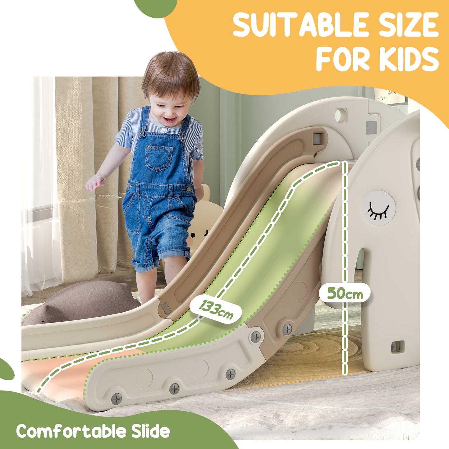 AIYAPLAY 3 in 1 Toddler Slide with Basketball Hoop, Climber, Elephant-Themed, for 1-3 Years - Cream White