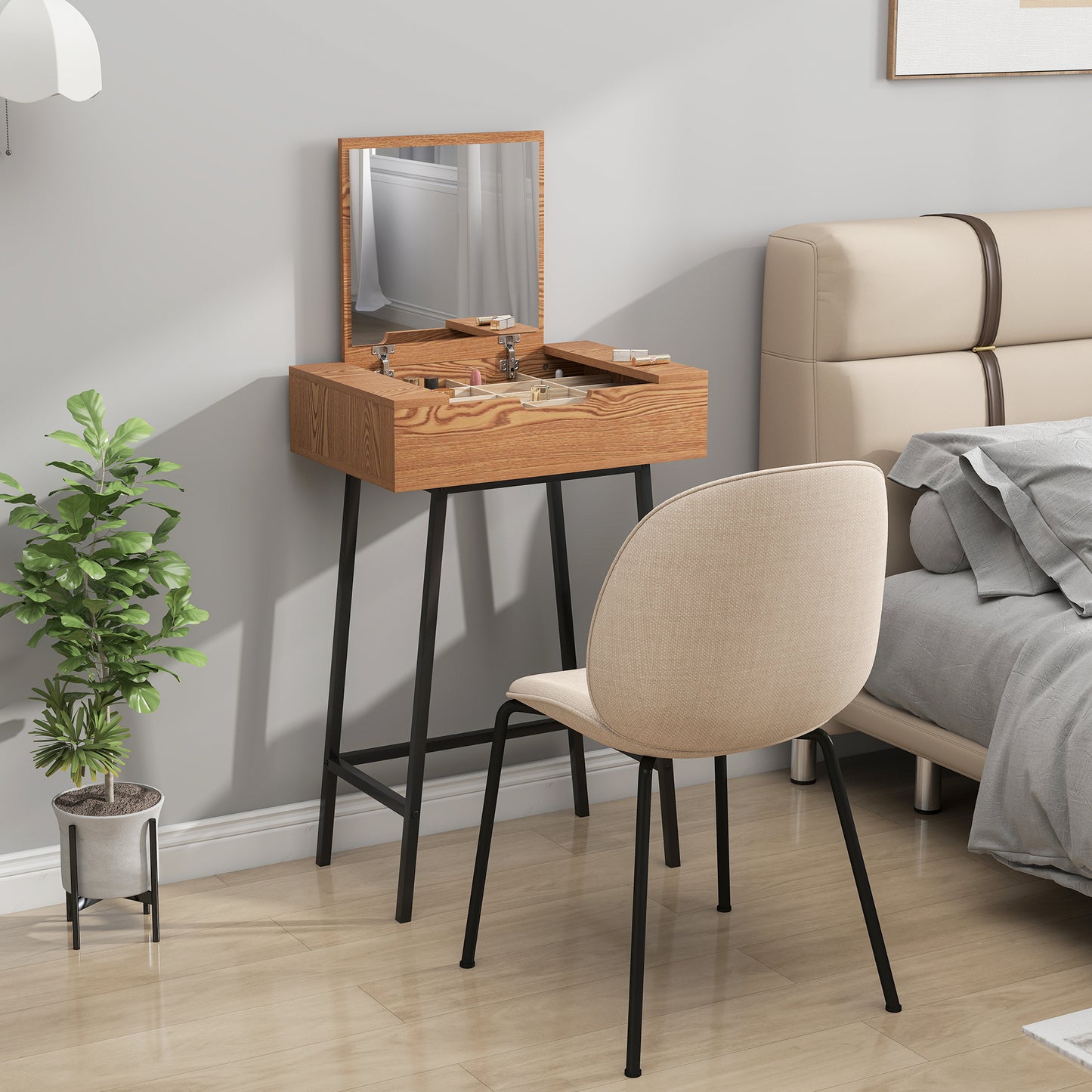 HOMCOM Vanity Desk with Flip-Up Mirror, Industrial Dressing Table with 16 Small Compartments for Bedroom, Natural Wood Effect