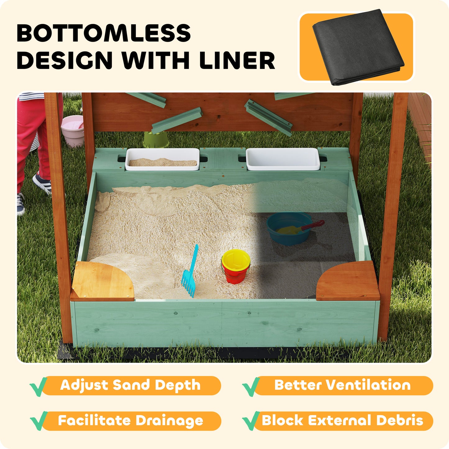 AIYAPLAY Wood Sandpit with Canopy, Storage Bins, Funnel, Liner, Chutes, Bucket with Tap, 116 x 112.5 x 128 cm, Green