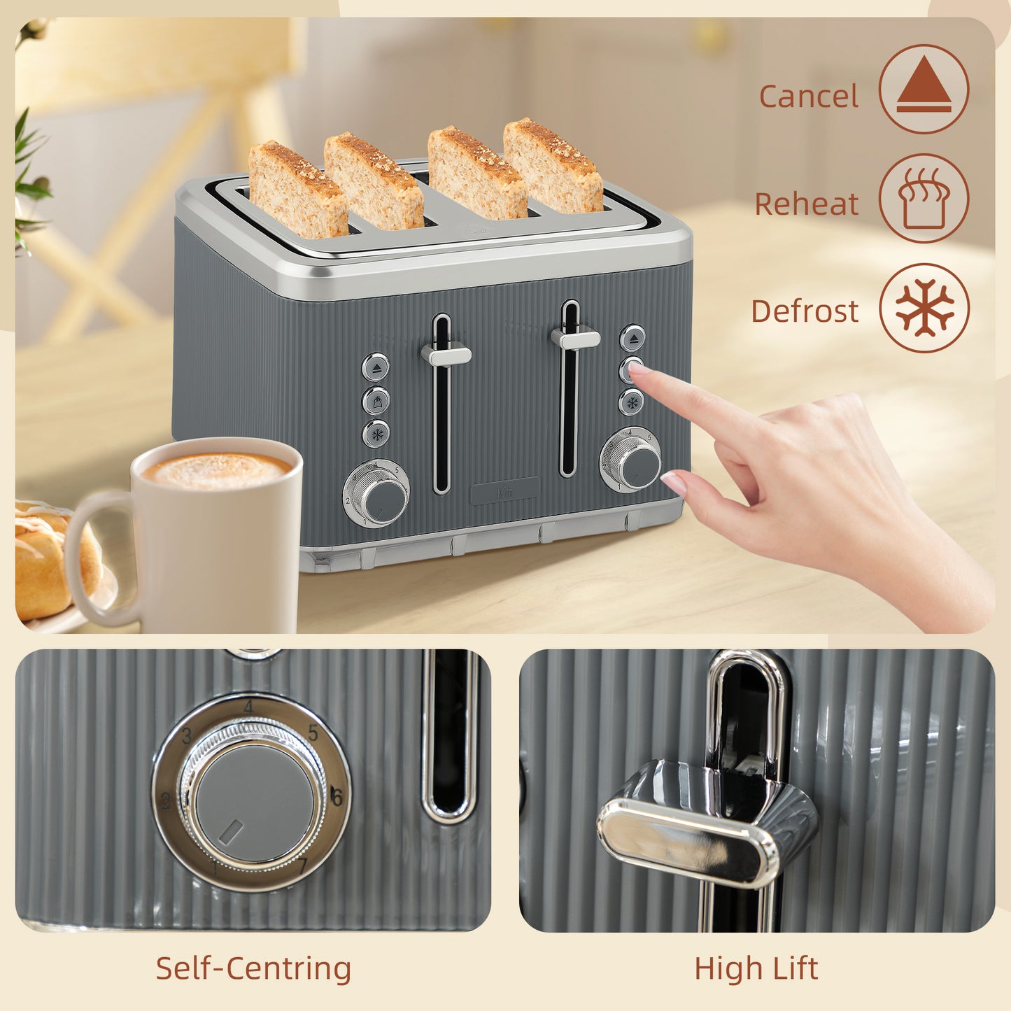 HOMCOM Electric Kettle and Toaster Set, 3000W 1.7L Rapid Boil with Limescale Filter, Cool Touch, 4 Slice Toaster, 7 Browning Levels, Grey