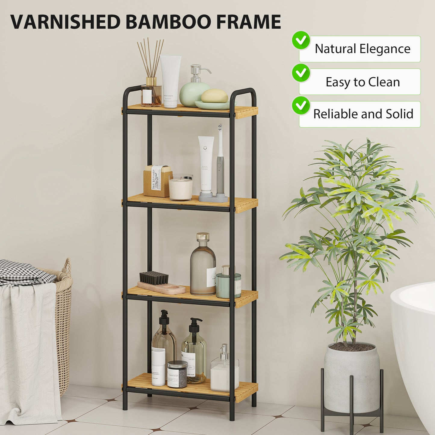 HOMCOM 4-Tier Bamboo Bathroom Storage Shelf, Freestanding Narrow Unit with Slatted Shelves, 41.5x21.5x106cm, Natural and Black