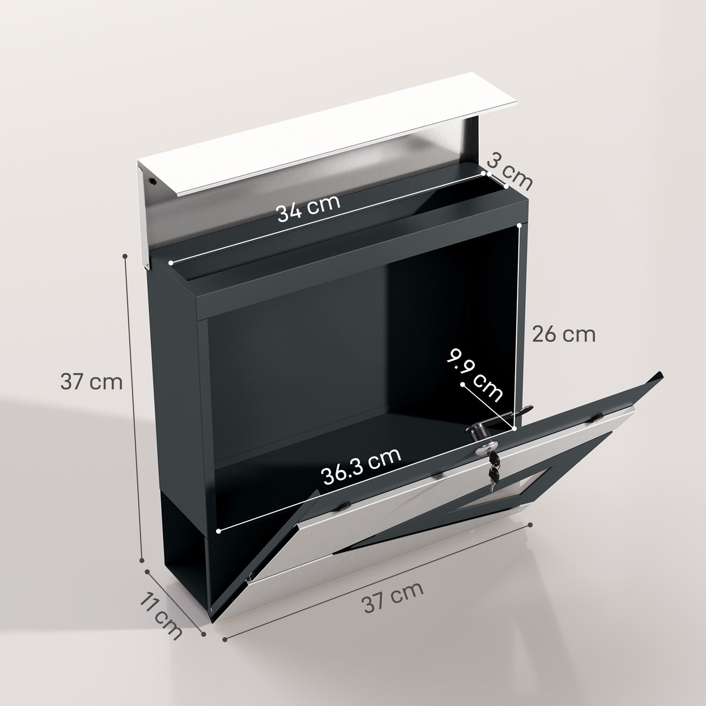 HOMCOM Wall Mounted Post Box with Viewing Window, 2 Locks, Modern Galvanised Steel, Weatherproof, Easy Install, Copper Core Mailbox, Silver