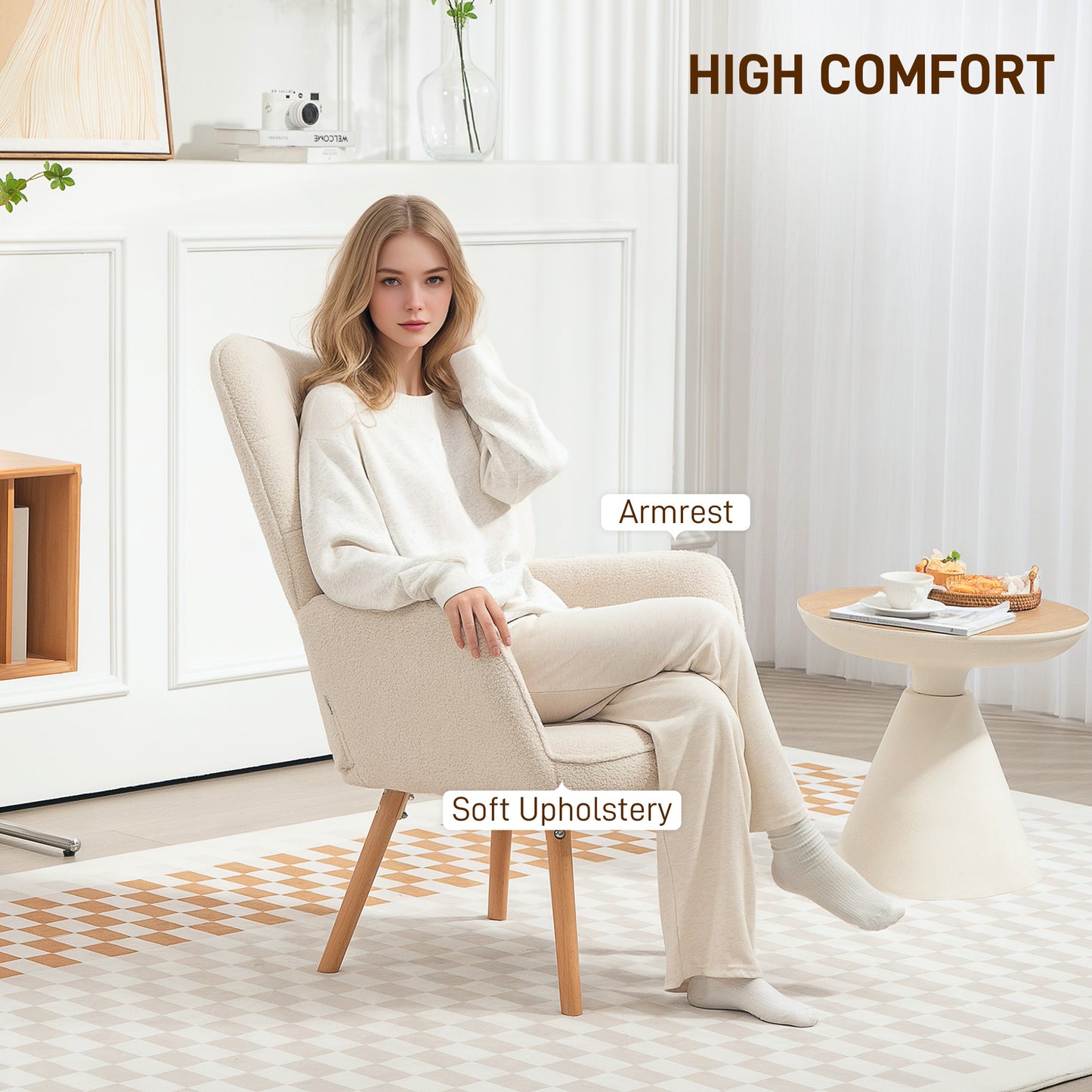 HOMCOM Modern Accent Chair, Upholstered Tufted Wingback Armchair with Seat Padding, Leisure Lounge Bedroom Chair with Wood Legs, Cream White