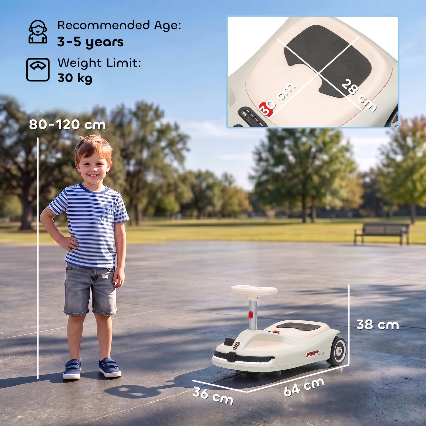 AIYAPLAY 12V Electric Wiggle Car with Pedal, Kids Electric Car with 2 Speeds, Soft Start, Music, Lights for 3-5 Years, White