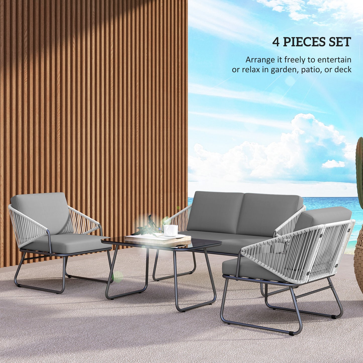 Outsunny 4 Piece Rattan Garden Furniture Set: Loveseat, Armchairs, Coffee Table & Cushions, Grey