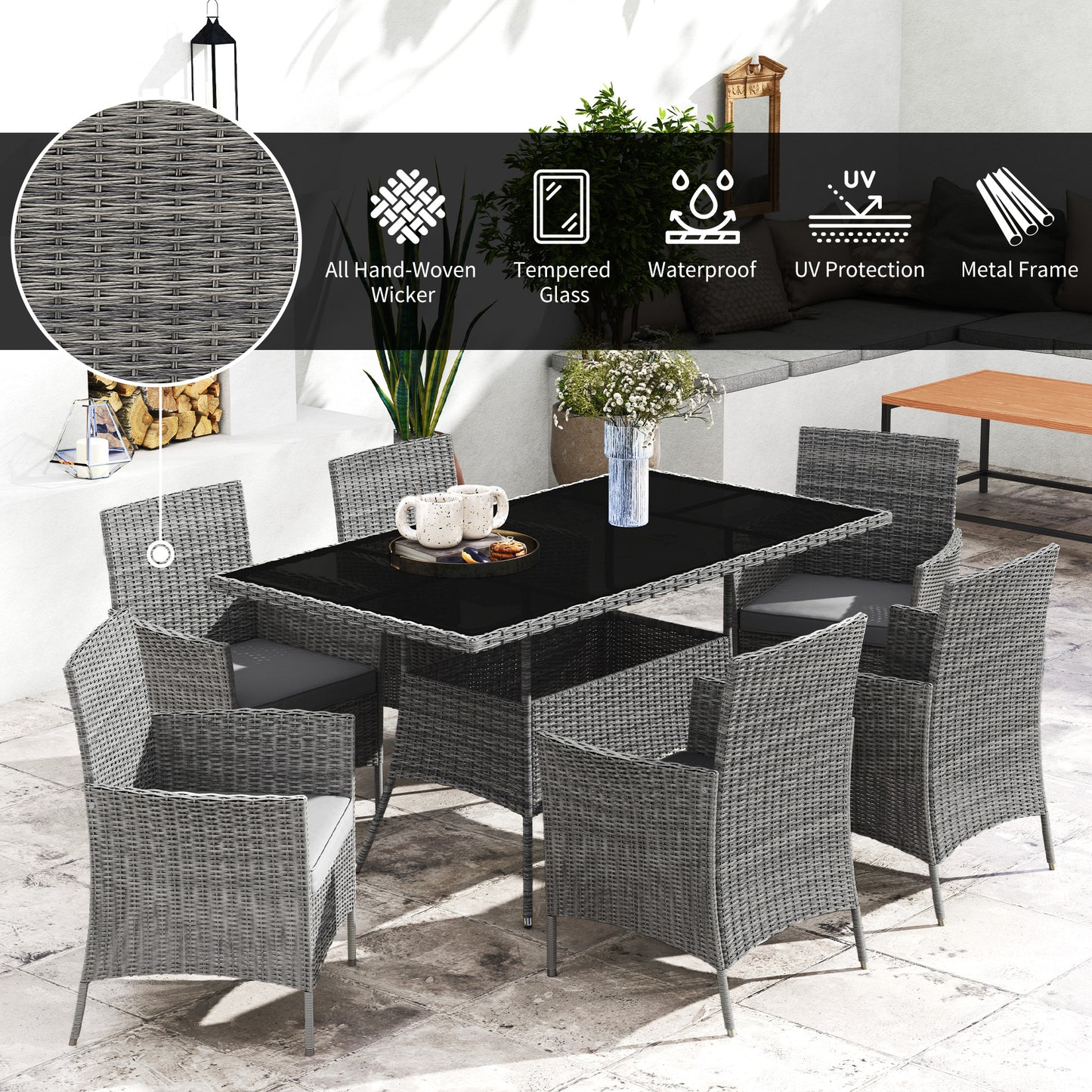 Outsunny 7-Piece Rattan Garden Furniture Set with Cushions, 6 Seater Table and Chairs, Charcoal Grey