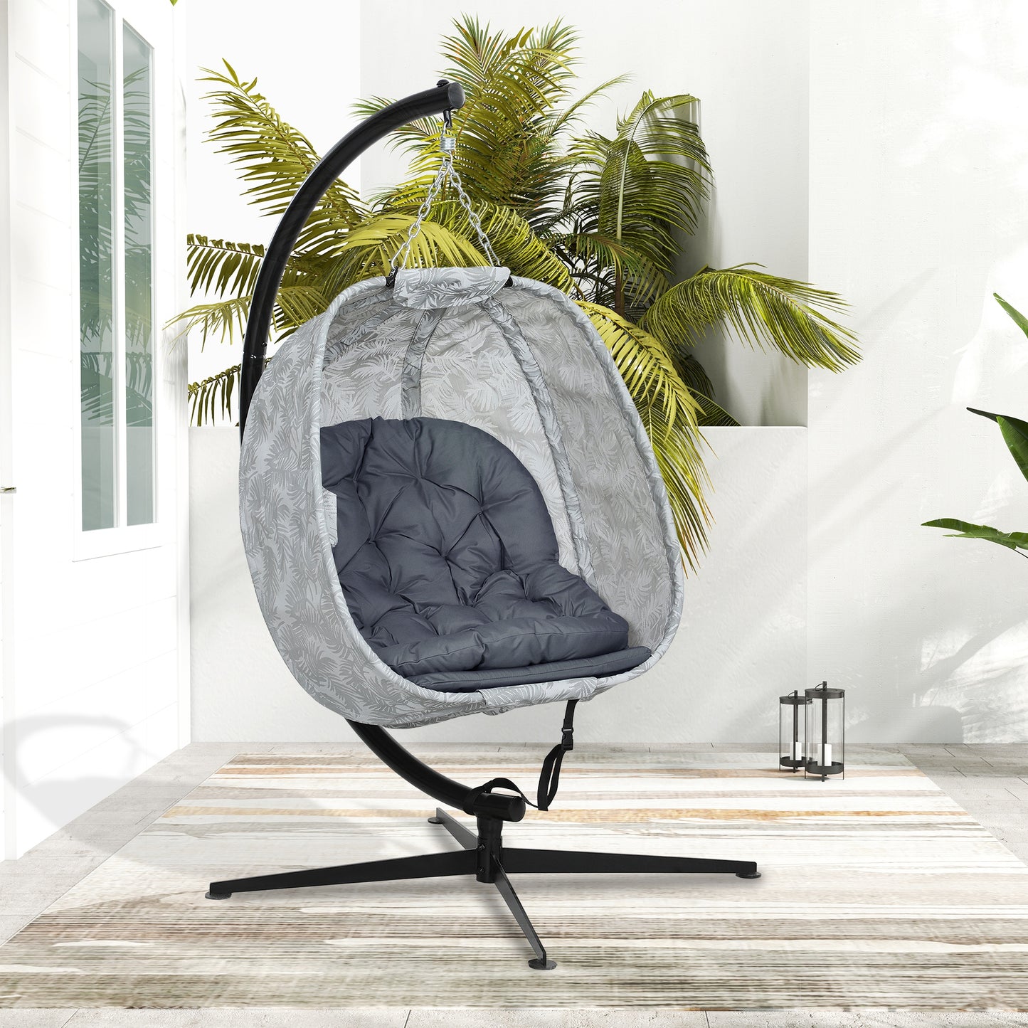 Outsunny Hanging Egg Chair: Outdoor/Indoor, Folding Basket, Stand, Thick Cushion, Cup Holder, Grey