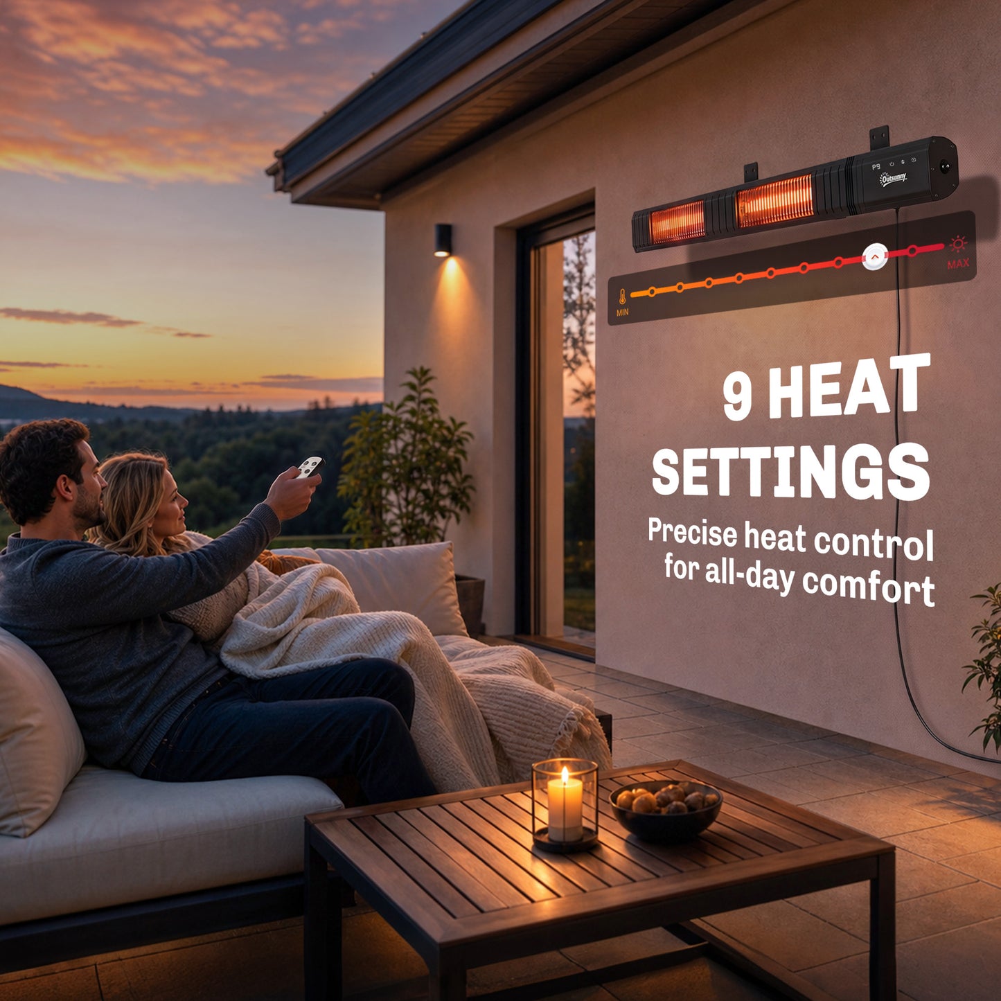 Outsunny 3000 W Electric Infrared Patio Heater, Wall Mounted IP65 Garden Heater with 9 Heat Settings, 24 H Timer, Black