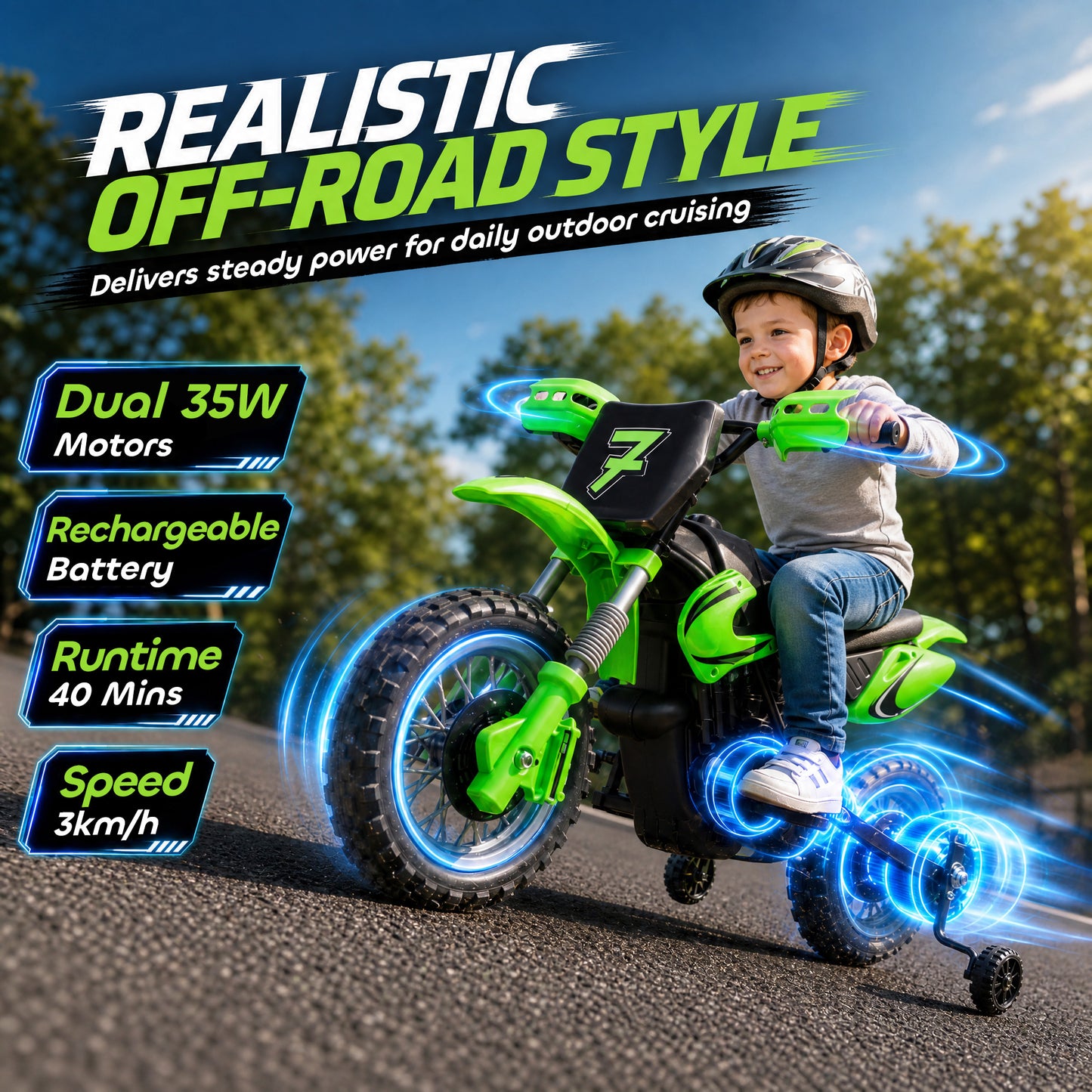 AIYAPLAY 12V Kids Electric Motorbike, Ride on Motorcycle with Dual Motors, Training Wheels, Rear Suspension for 3-6 Years, Green