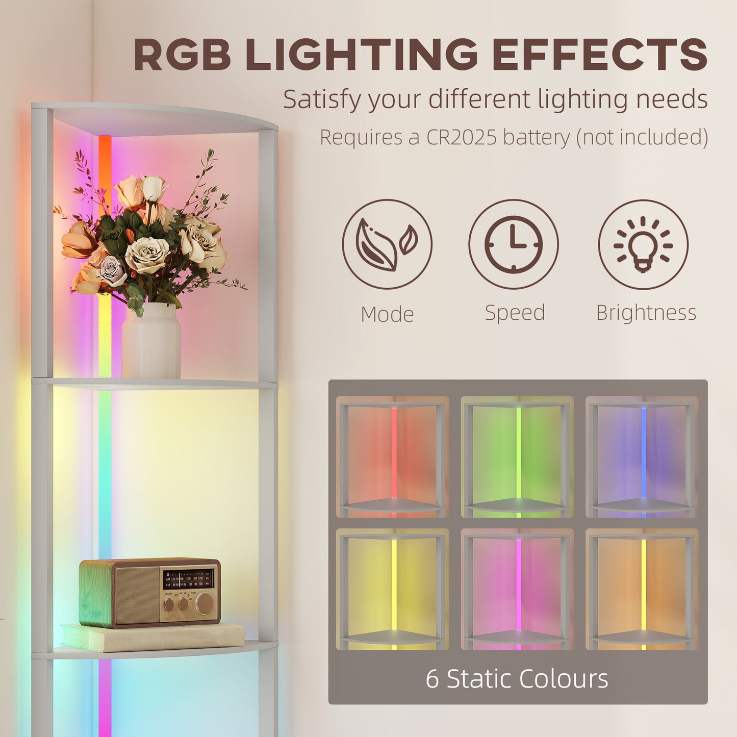 HOMCOM RGB LED Floor Lamp with Shelves, 5-Tier Dimmable with Adjustable Brightness, Remote Control, Corner Display Unit, Grey
