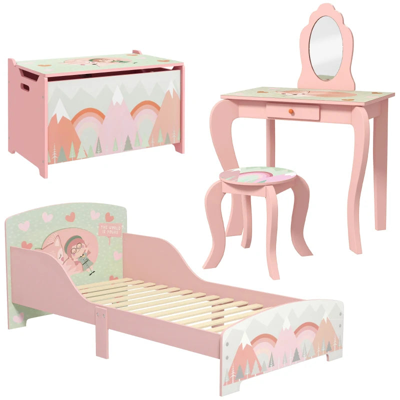 ZONEKIZ Kids Bedroom Furniture Set Includes Bed Frame, Toy Chest, Dressing Table for Ages 3-6 Years, Pink