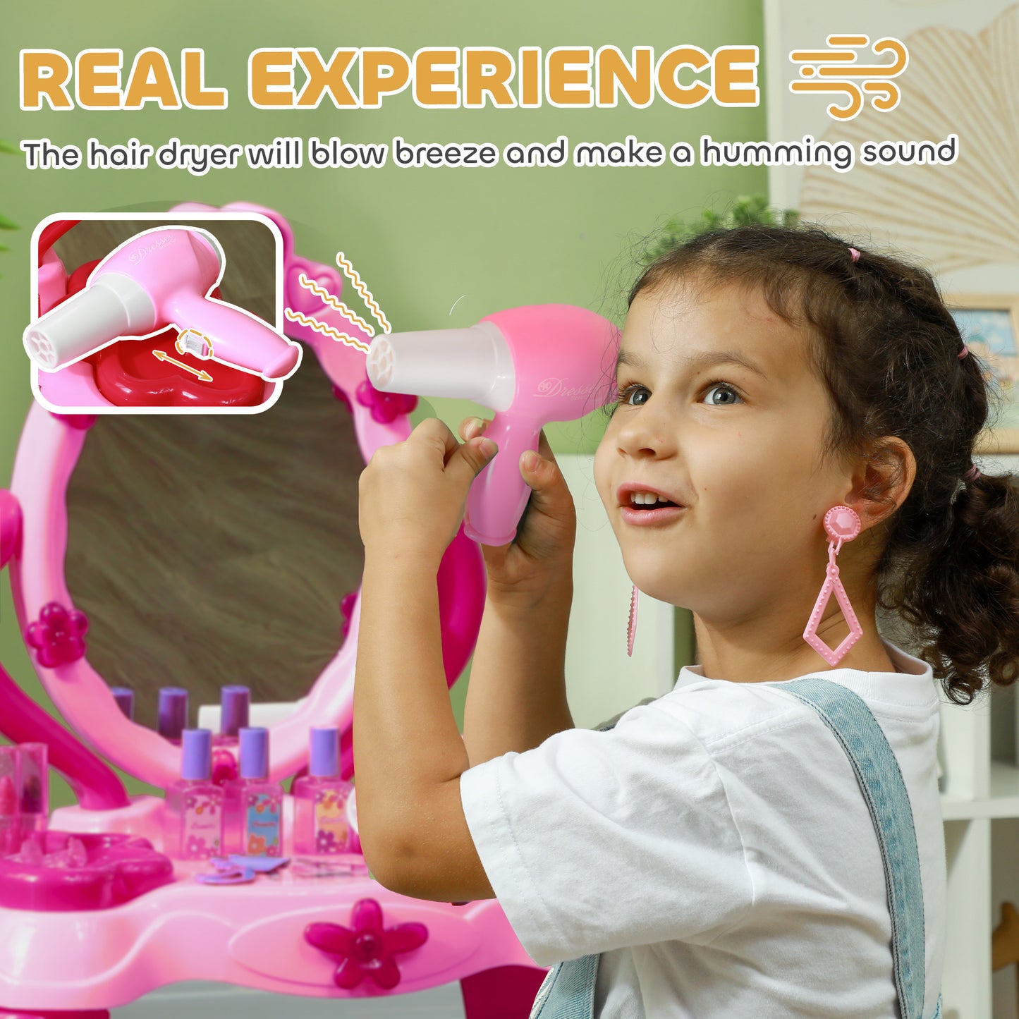 AIYAPLAY Kids Dressing Table with Mirror and Stool, Light, Music, 15 Accessories, for 3-6 Years Old, Pink