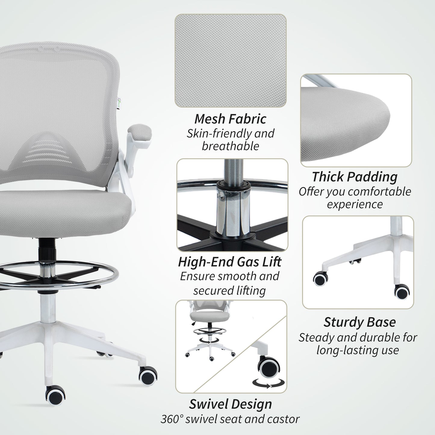 Vinsetto Drafting Chair with Flip-up Armrest, Mesh Office Stool with Foot Ring, 360° Swivel Height Adjustable Chair for Standing Desk, Light Grey