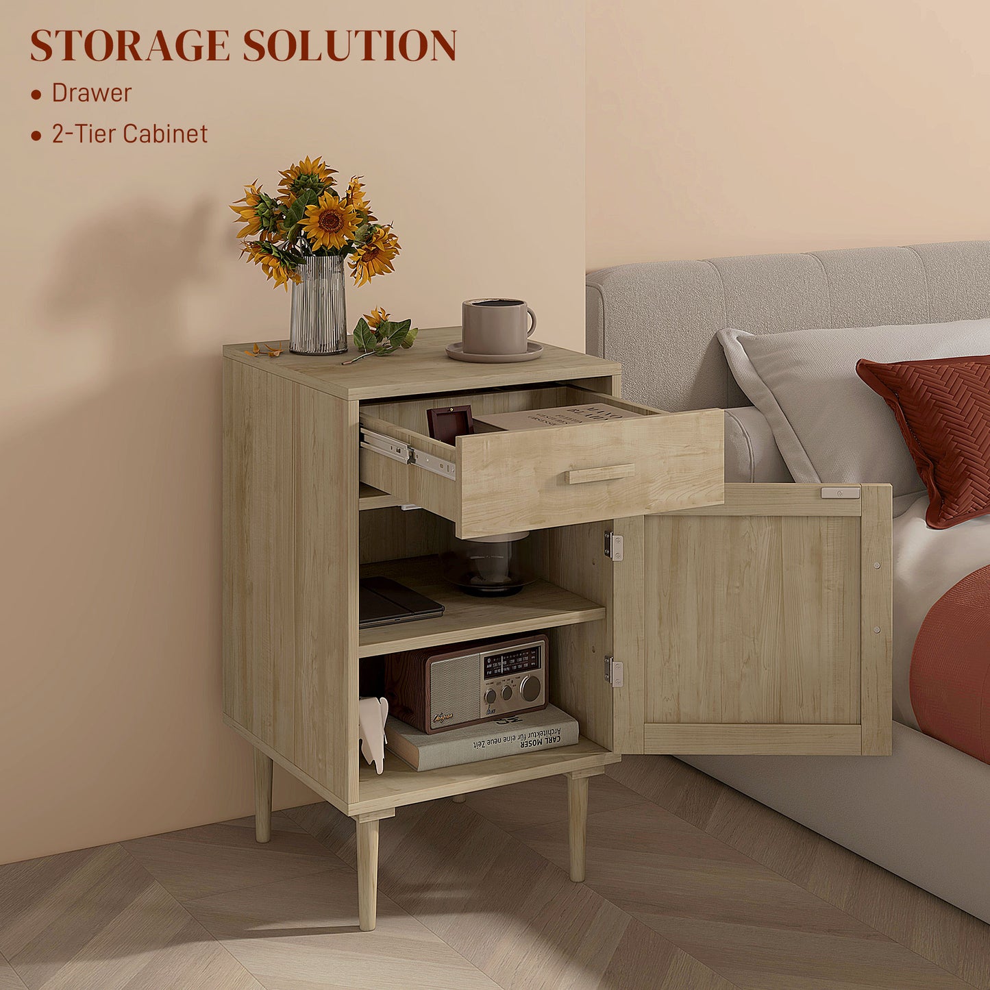 HOMCOM Rattan Bedside Table with Drawer - Natural Wood