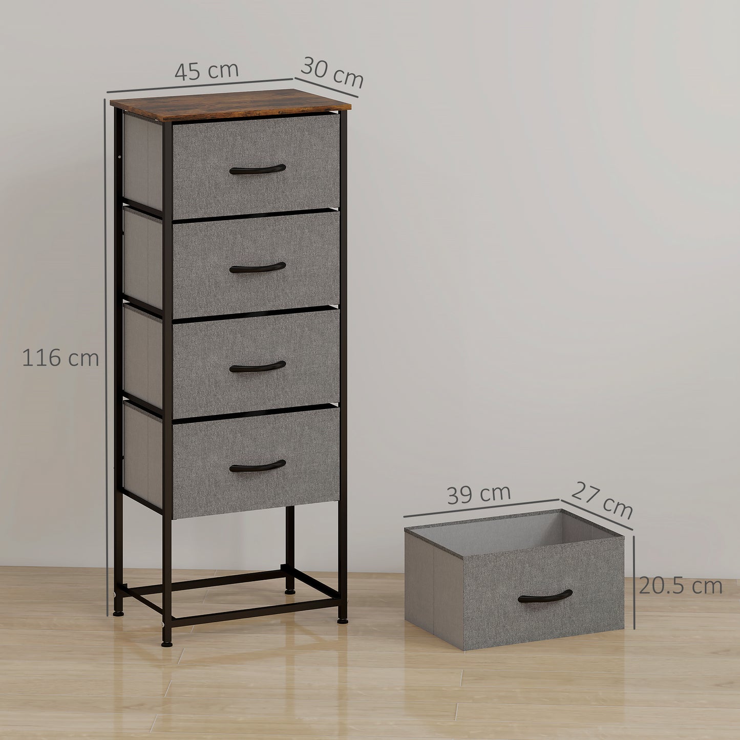 HOMCOM Industrial Fabric Chest of Drawers with 5 Fabric Drawers, Steel Frame, Wooden Top for Bedroom, Nursery, Hallway - Rustic Brown and Grey
