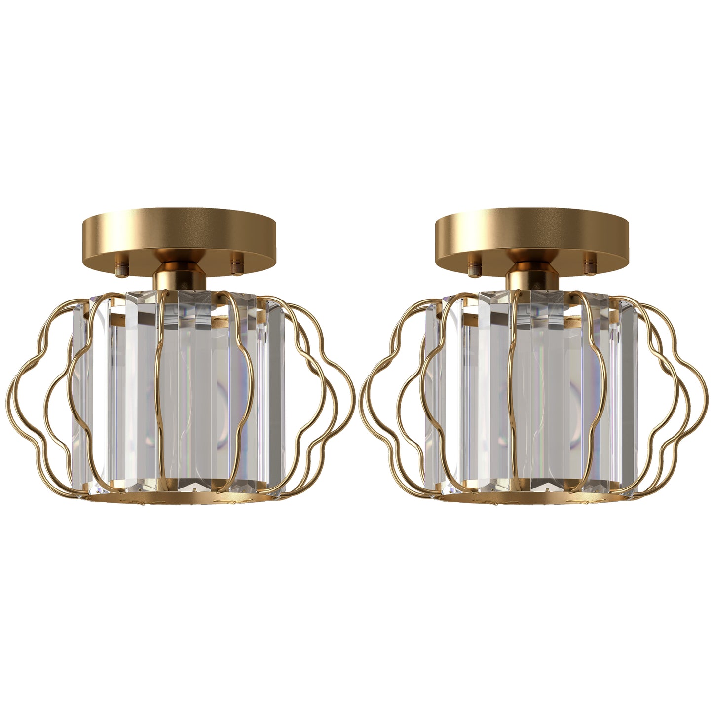 HOMCOM Crystal Ceiling Light Fixtures, Modern Semi-Flush Ceiling Lighting with Crystal Strips, 2 Pack, Gold Tone