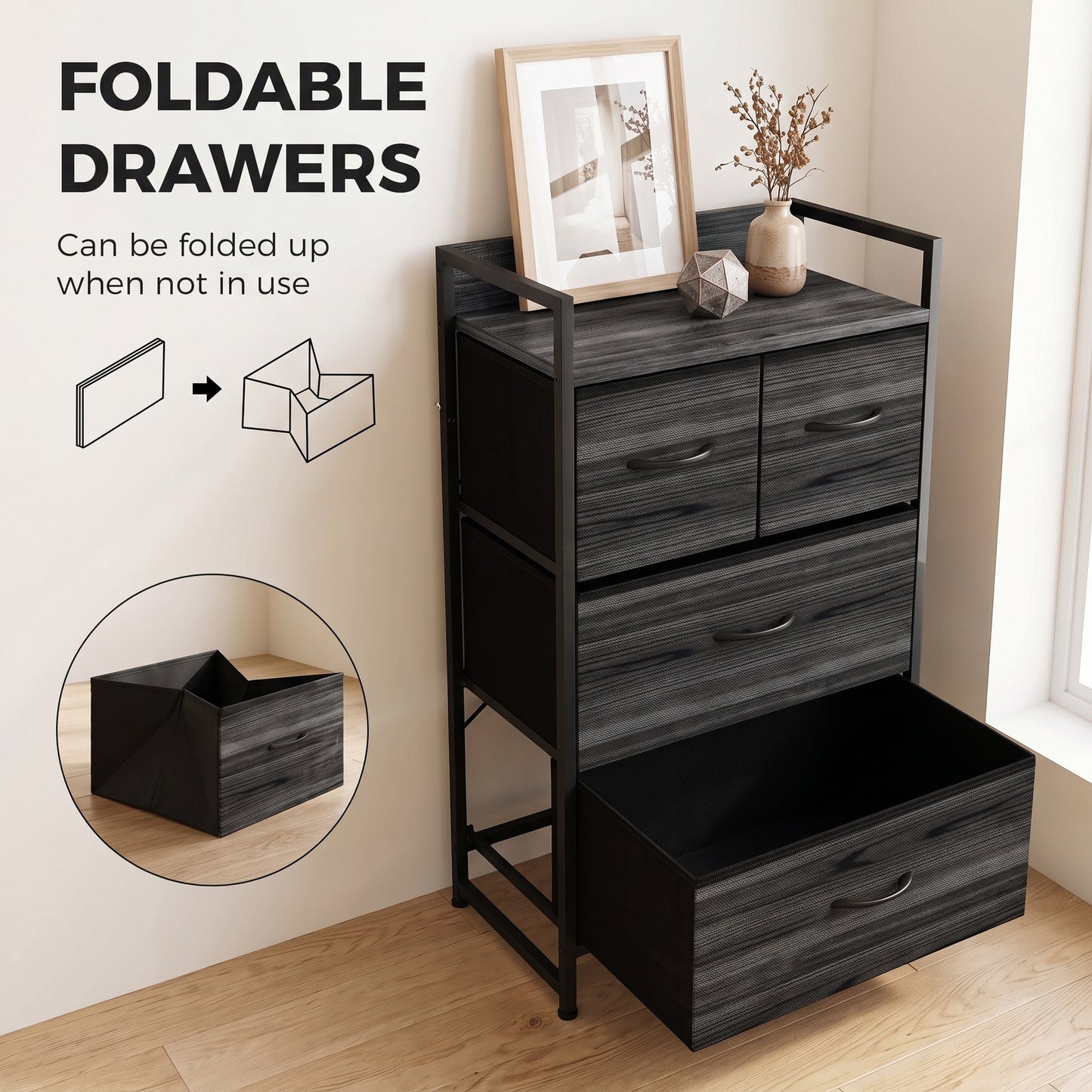 HOMCOM Rustic Chest of Four Fabric Drawers - Black Wood Effect