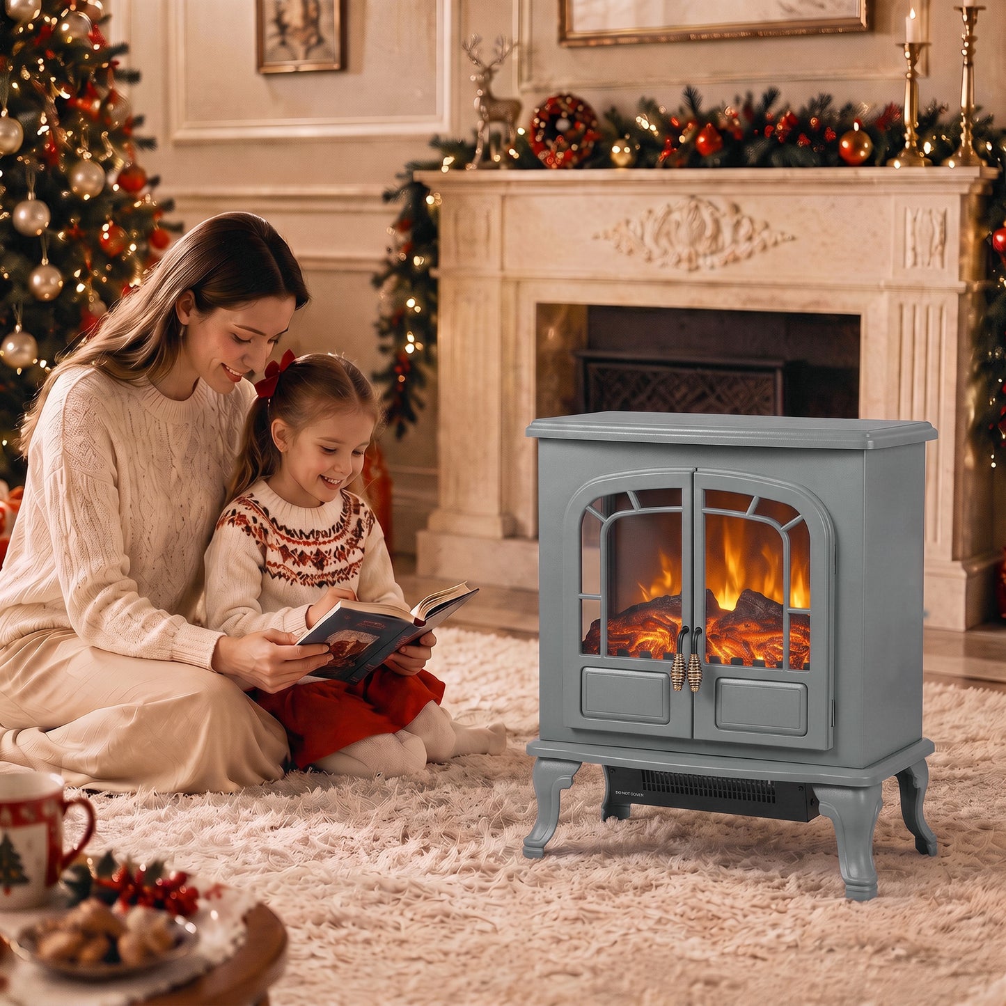 HOMCOM Freestanding Electric Fireplace Stove Heater with LED Fire Flame Effect Grey