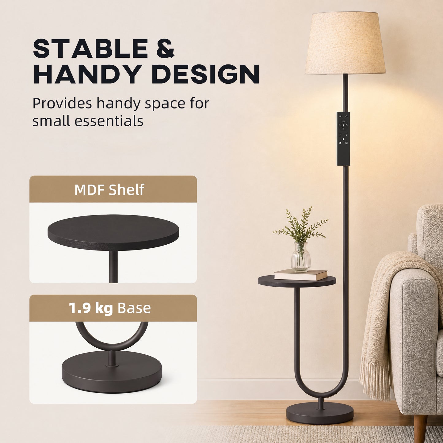 HOMCOM Modern Floor Lamp with Shelf, Dimmable Floor Lamp with Linen Shade, RF Remote and Foot Switch for Living Room, Black