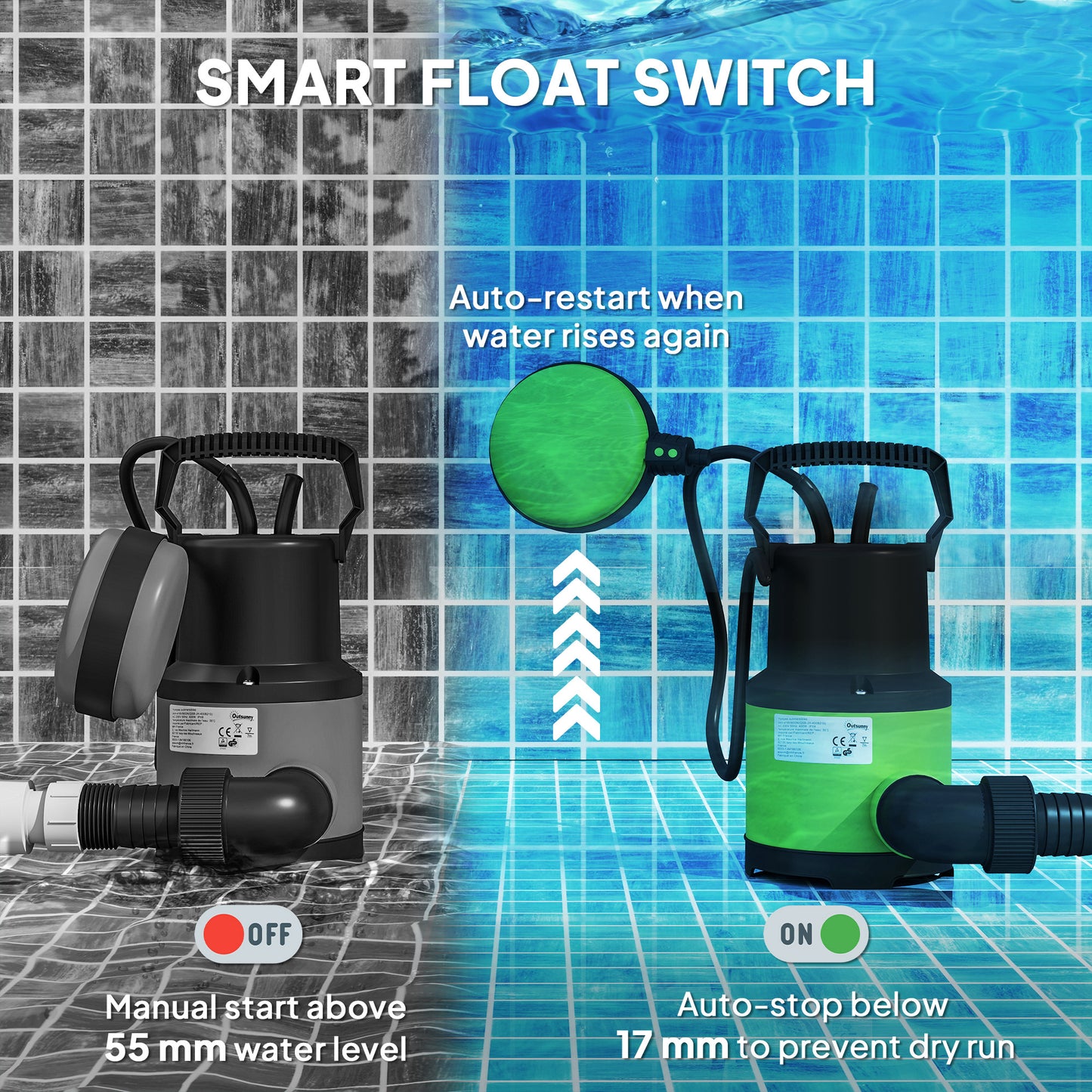 Outsunny 400W Submersible Water Pump, 9000L/H Electric Sump Pump with Float Switch for Garden Pond, Hot Tub, Ditches, Portable and Lightweight
