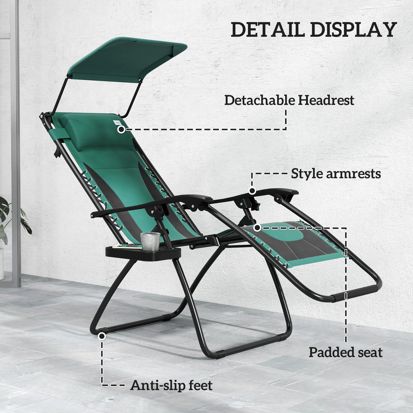 Outsunny Zero Gravity Lounger Chair, Folding Reclining Patio Chair with Shade Cover, Cup Holder, Soft Cushion and Headrest for Poolside, Camping, Green