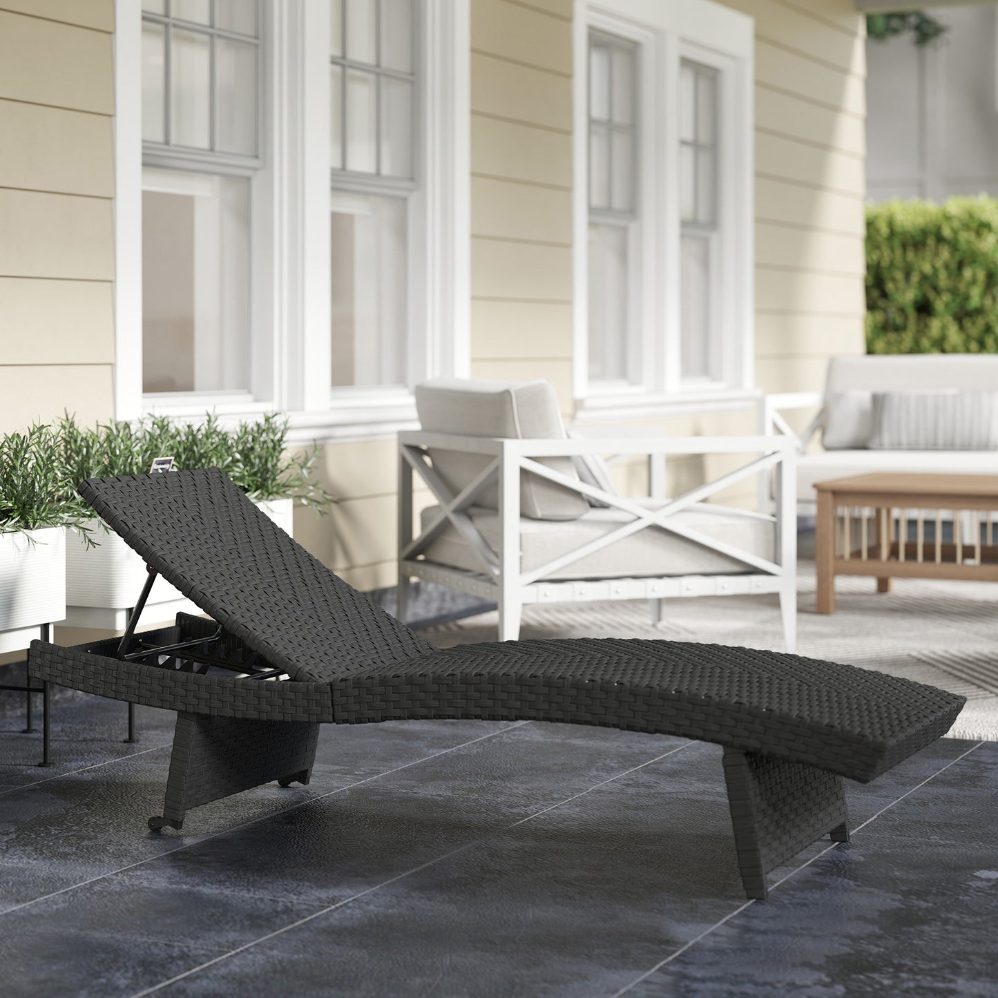 Outsunny Outdoor PE Rattan Sun Lounger, Folding Recliner with 4-Level Adjustable Backrest, Wheels & Non-Slip Legs for Balcony/Beach, Black