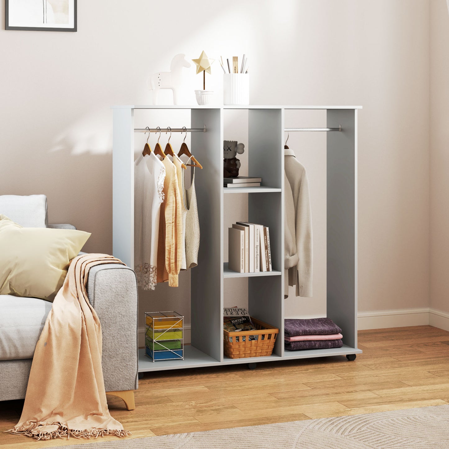 HOMCOM Open Wardrobe on Wheels, Clothes Rails, 3 Shelves, Grey